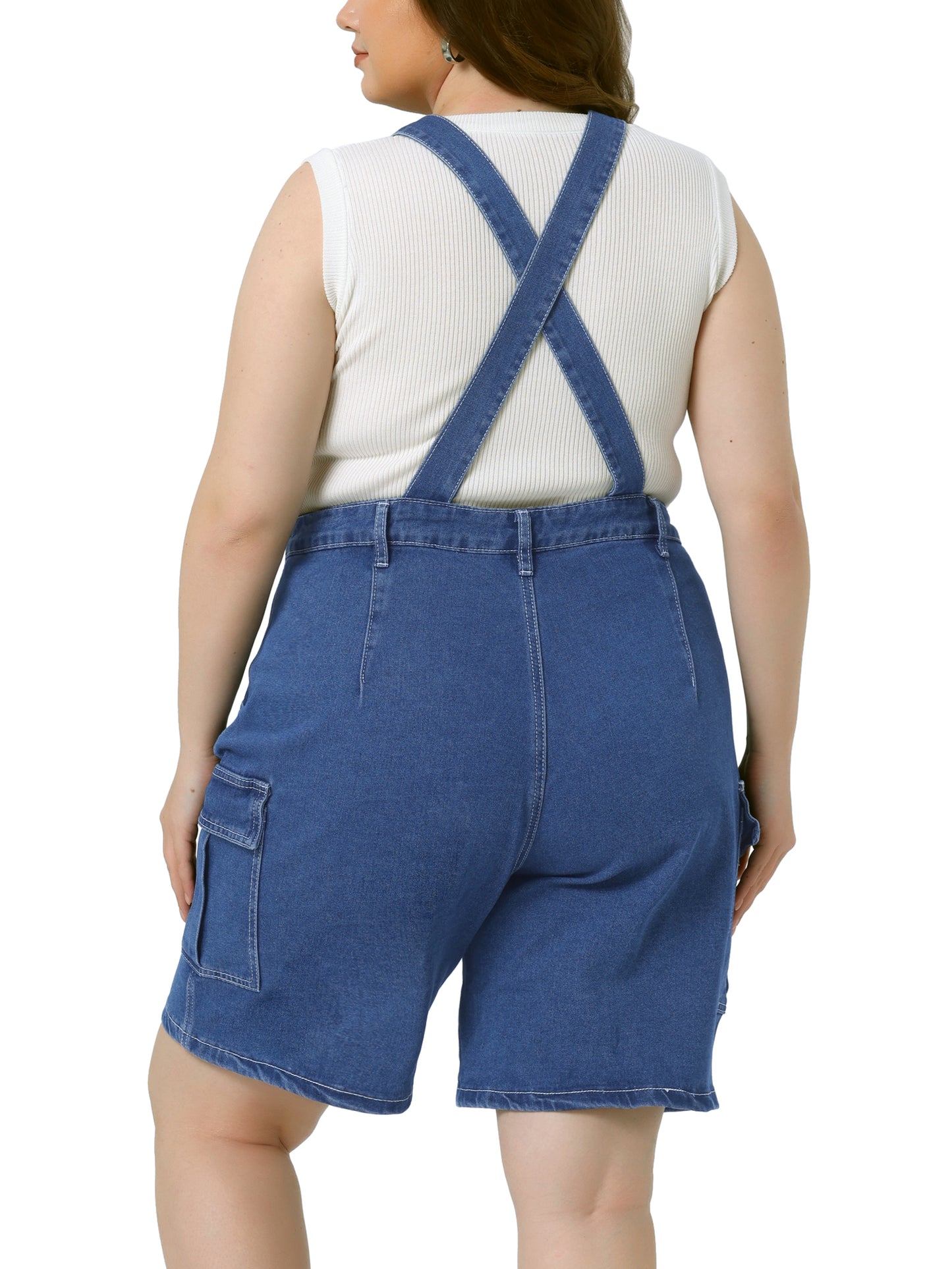 Mono de mezclilla de talla grande para mujer, pantalones cortos, mono con tirantes ajustables y bolsillos cargo