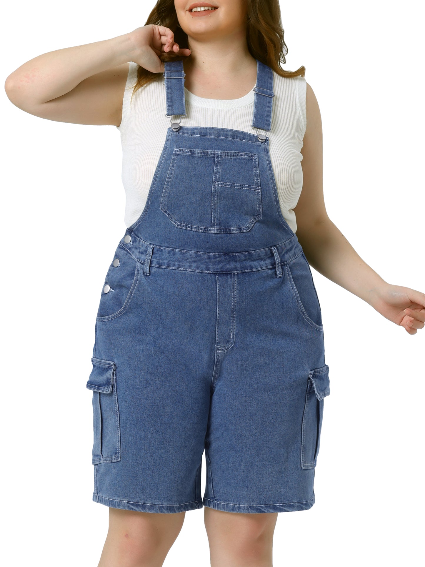 Women Plus Size Overall Shorts Jumpsuit Adjustable Strap Bib Cargo Pocket Jean Denim Overalls