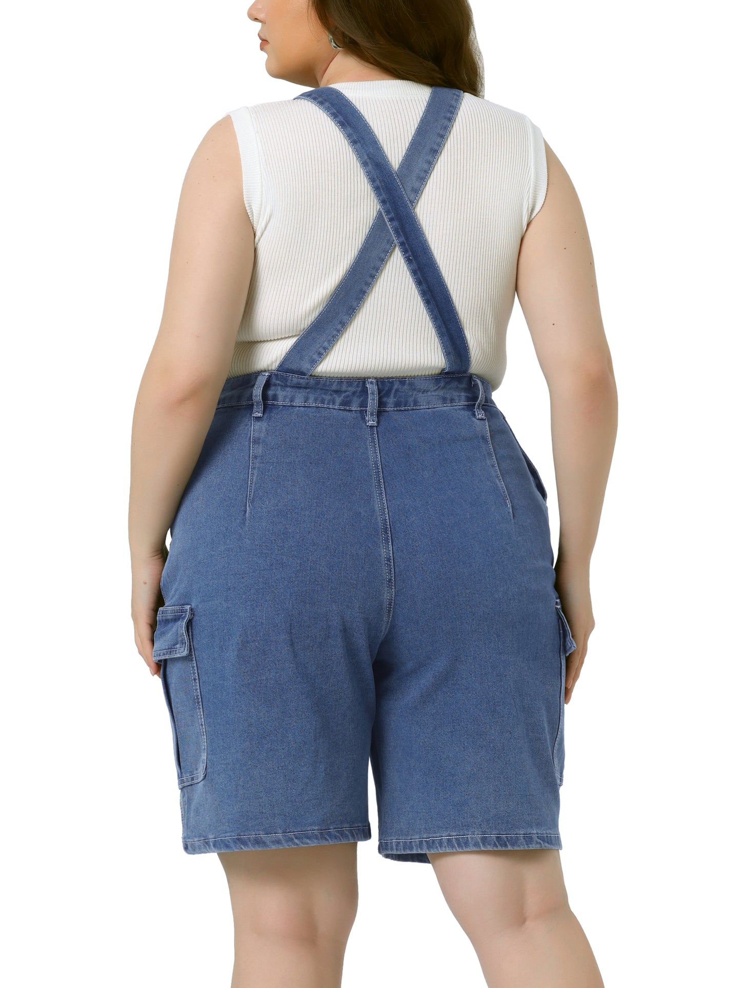 Mono de mezclilla de talla grande para mujer, pantalones cortos, mono con tirantes ajustables y bolsillos cargo