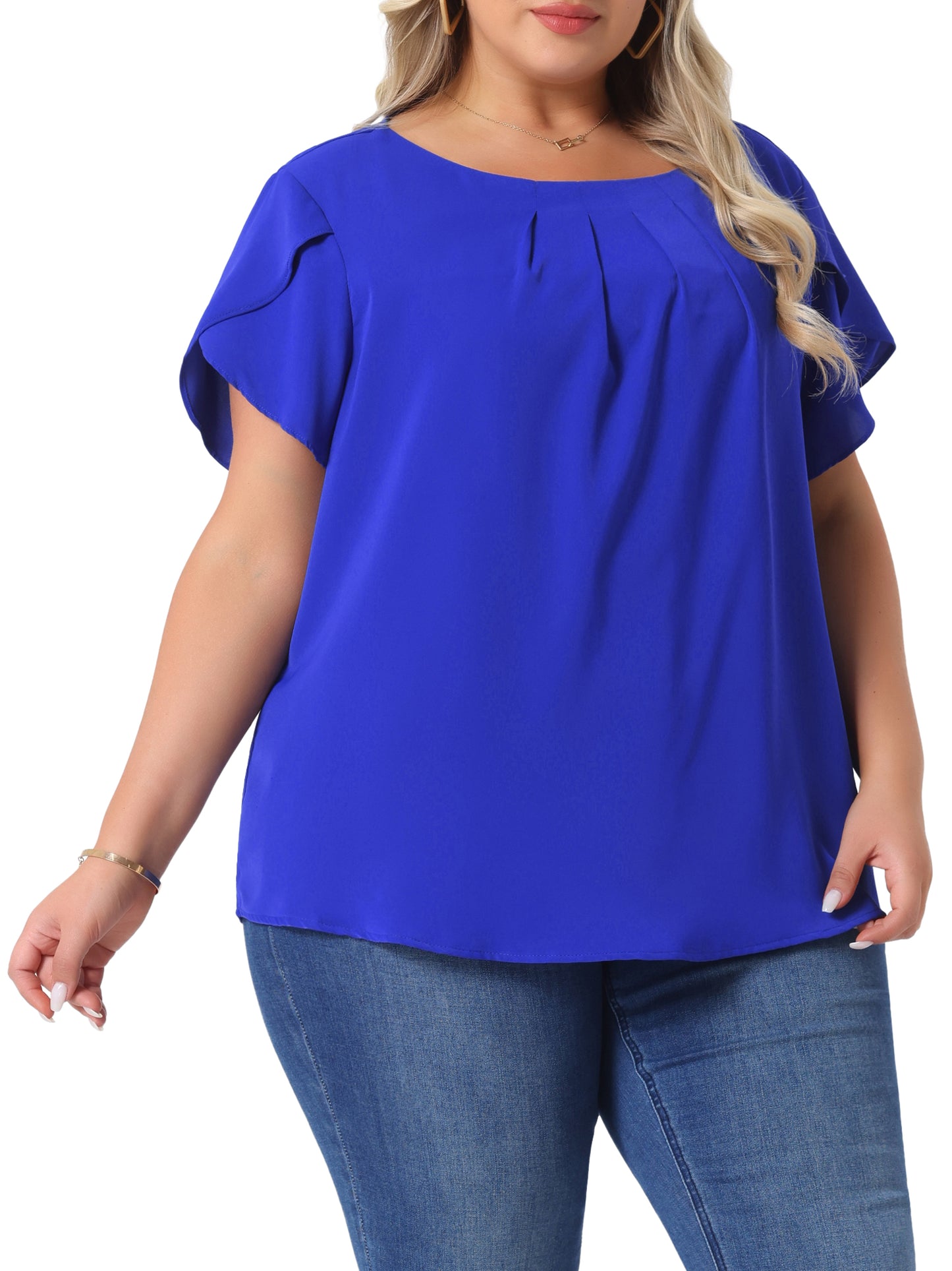 Women Plus Size Work Top Round Neck Pleated Tulip Sleeves Blouse Summer Top
