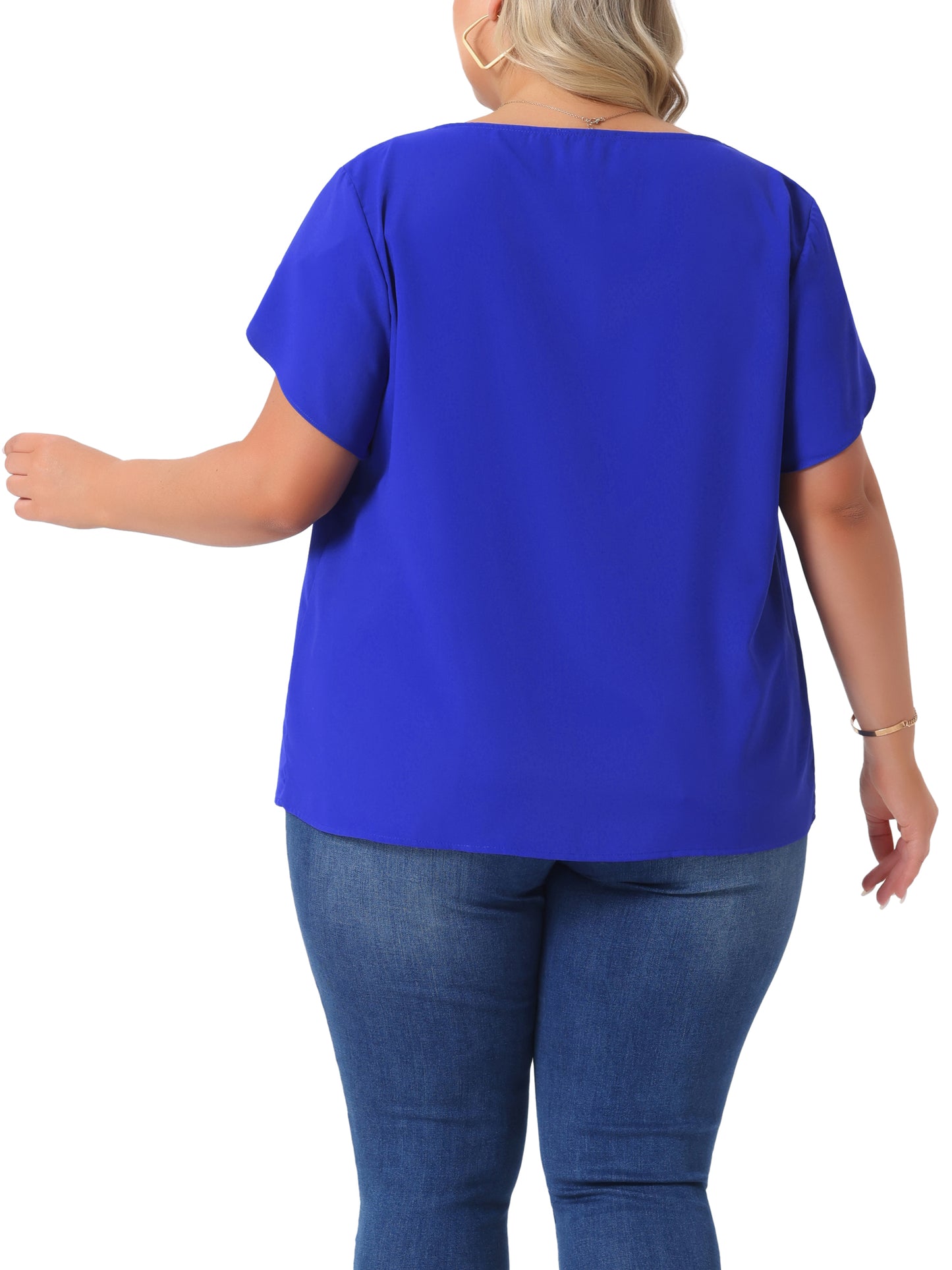 Women Plus Size Work Top Round Neck Pleated Tulip Sleeves Blouse Summer Top