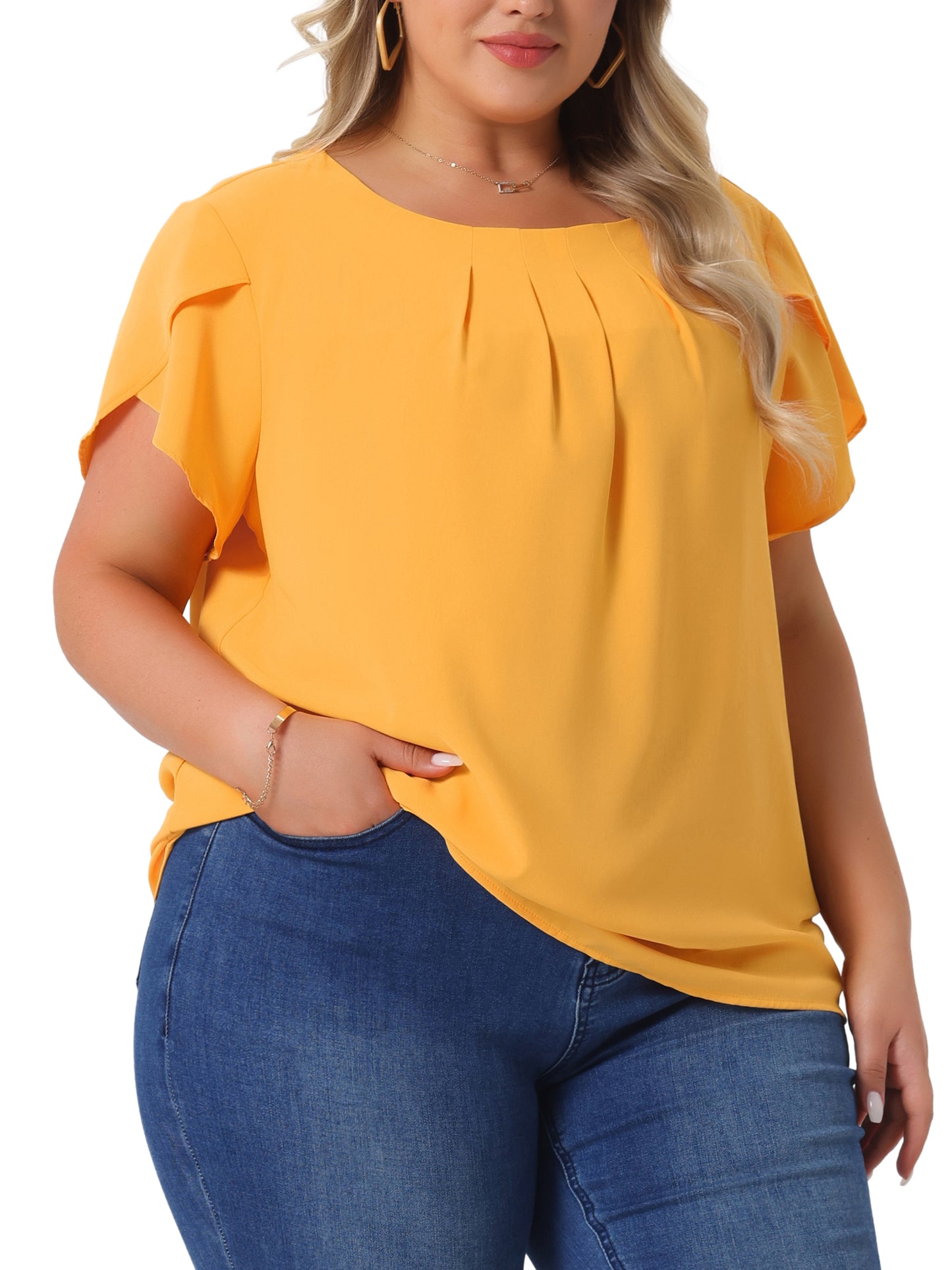 Women Plus Size Work Top Round Neck Pleated Tulip Sleeves Blouse Summer Top