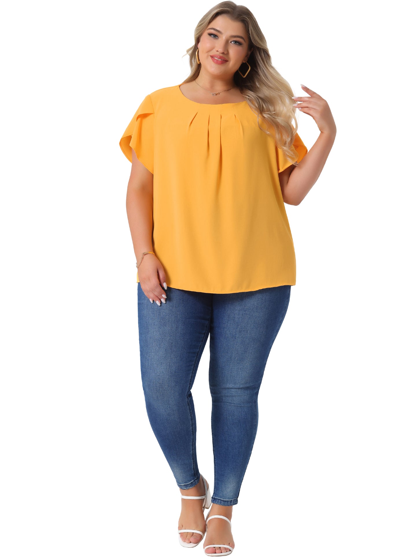 Women Plus Size Work Top Round Neck Pleated Tulip Sleeves Blouse Summer Top