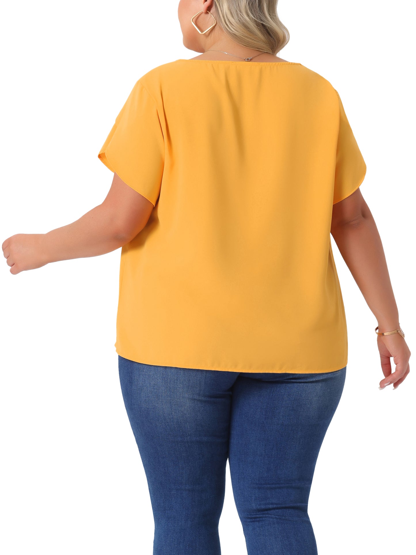 Women Plus Size Work Top Round Neck Pleated Tulip Sleeves Blouse Summer Top