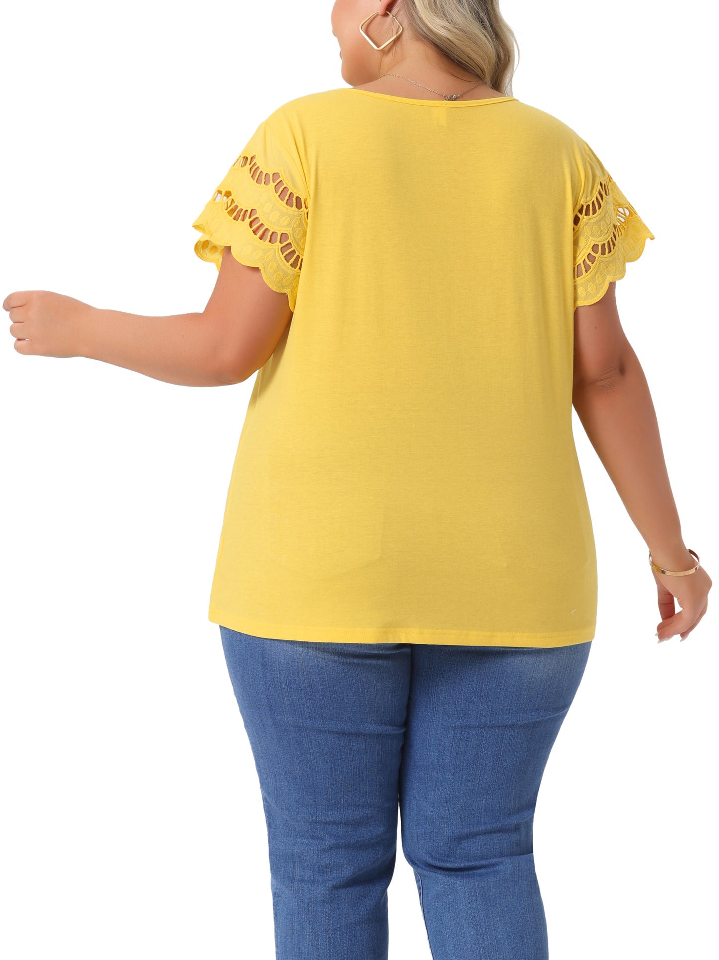 Women's Plus Size Top Round Neck Lace Panel Hollow Short Sleeve Elegant Summer Blouse