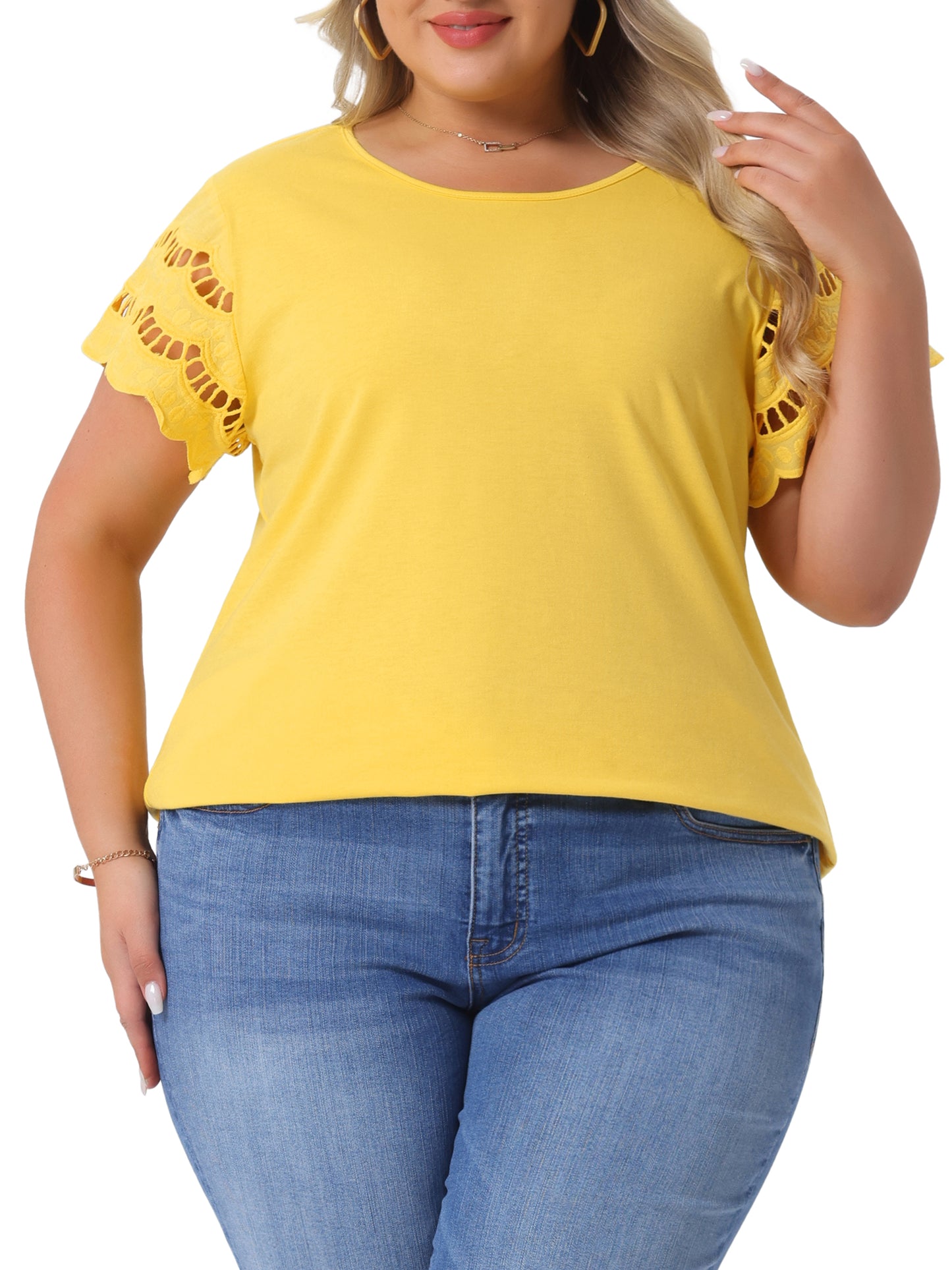 Women's Plus Size Top Round Neck Lace Panel Hollow Short Sleeve Elegant Summer Blouse
