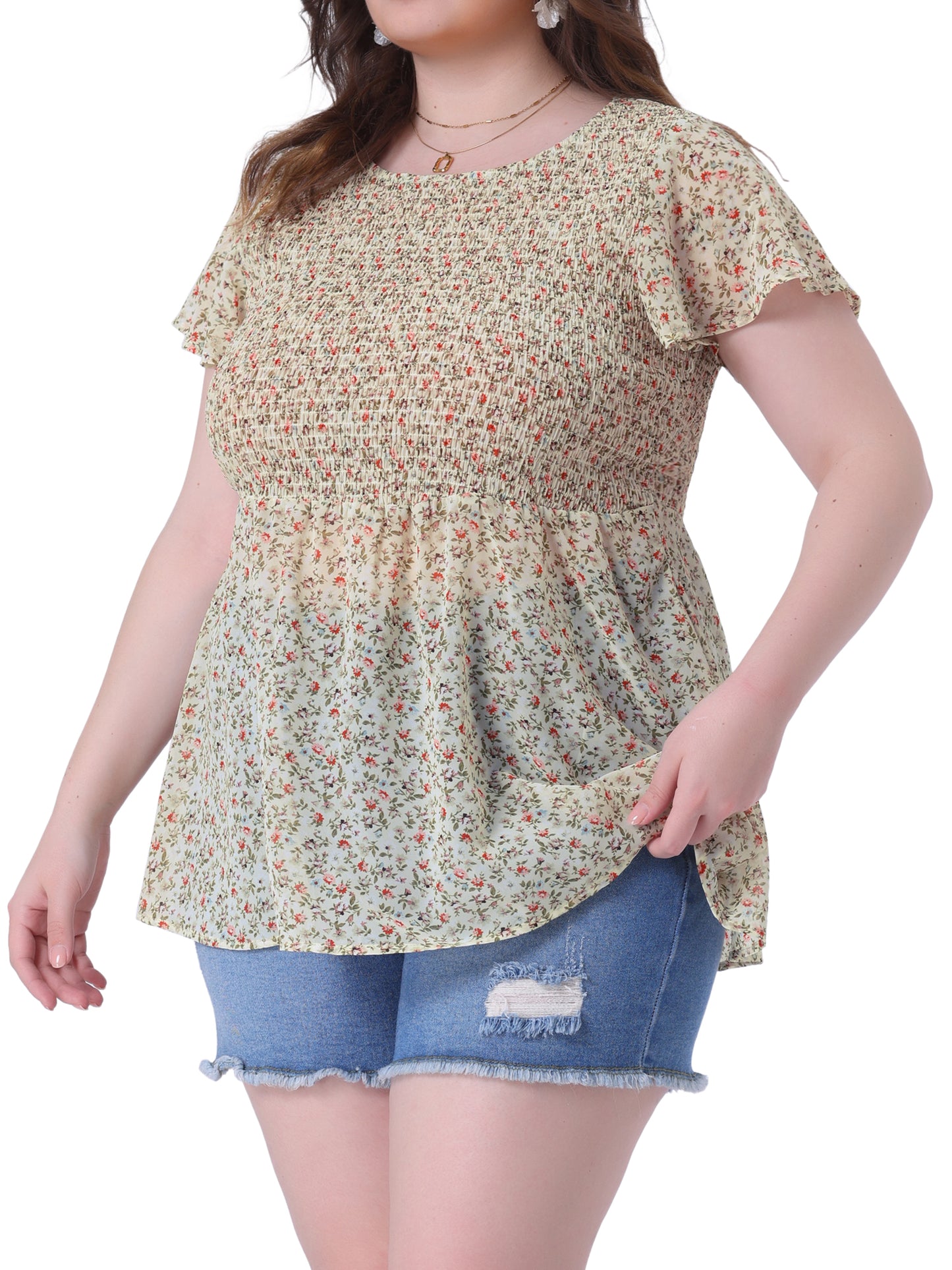 Women Plus Size Chiffon Blouse Summer Flare Short Sleeve Smocked Ditsy Floral Peplum Top