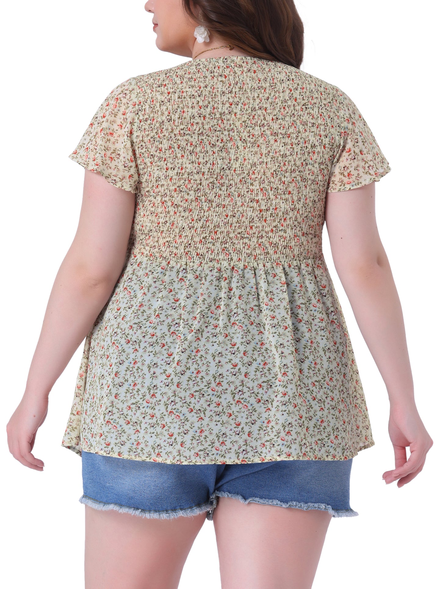 Women Plus Size Chiffon Blouse Summer Flare Short Sleeve Smocked Ditsy Floral Peplum Top