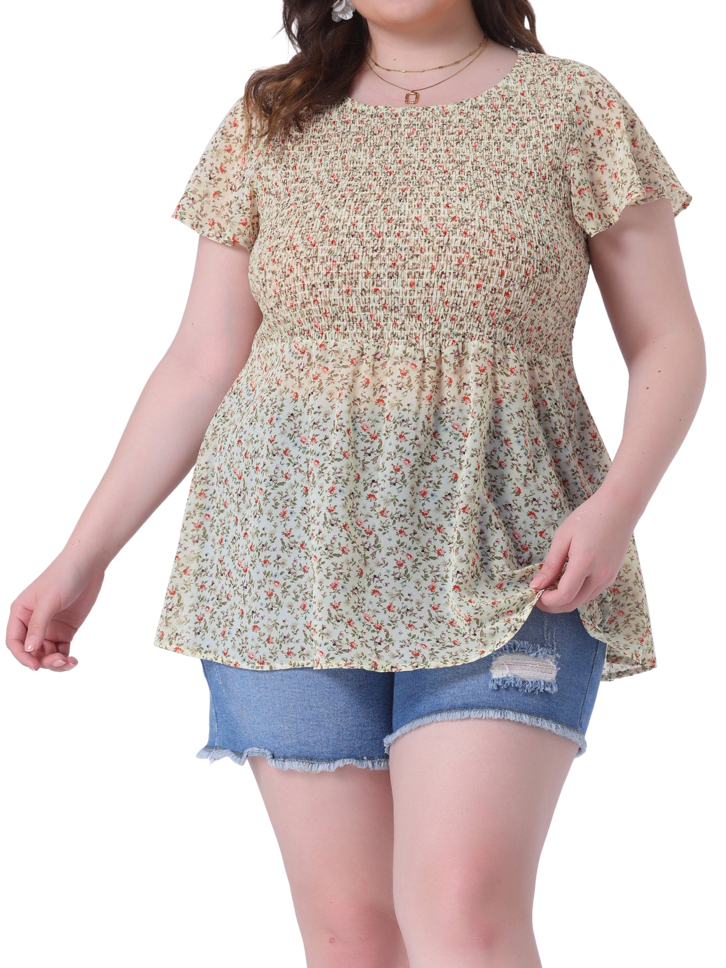 Women Plus Size Chiffon Blouse Summer Flare Short Sleeve Smocked Ditsy Floral Peplum Top