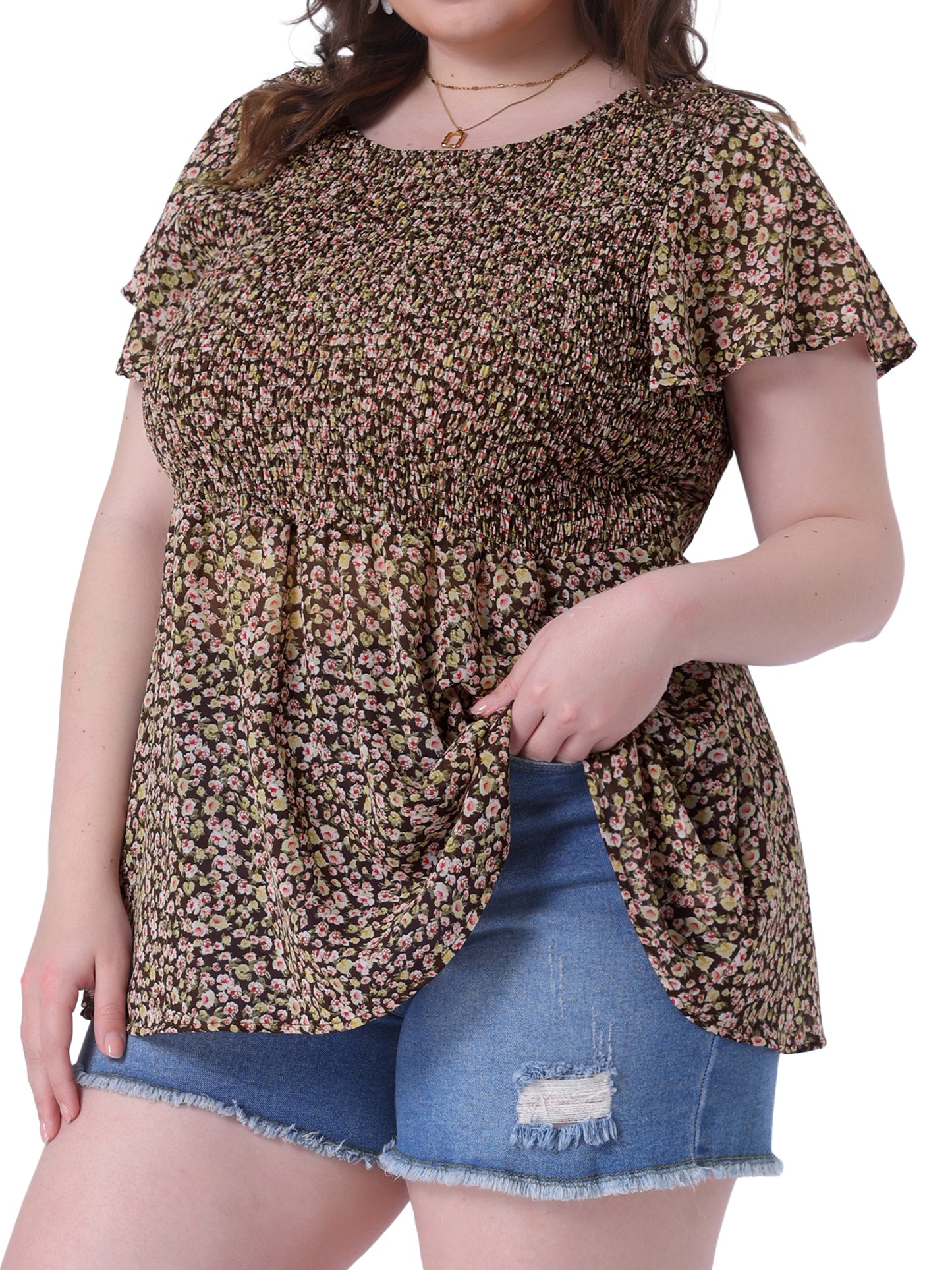 Women Plus Size Chiffon Blouse Summer Flare Short Sleeve Smocked Ditsy Floral Peplum Top