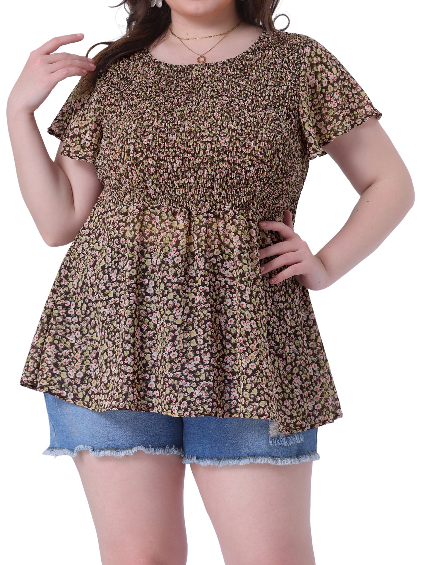 Women Plus Size Chiffon Blouse Summer Flare Short Sleeve Smocked Ditsy Floral Peplum Top