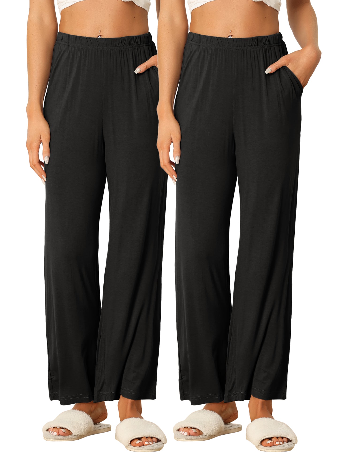 Women's Cotton Sleep Pants Elastic Waist Wide-Leg Straight Pants Sleepwear with Pockets