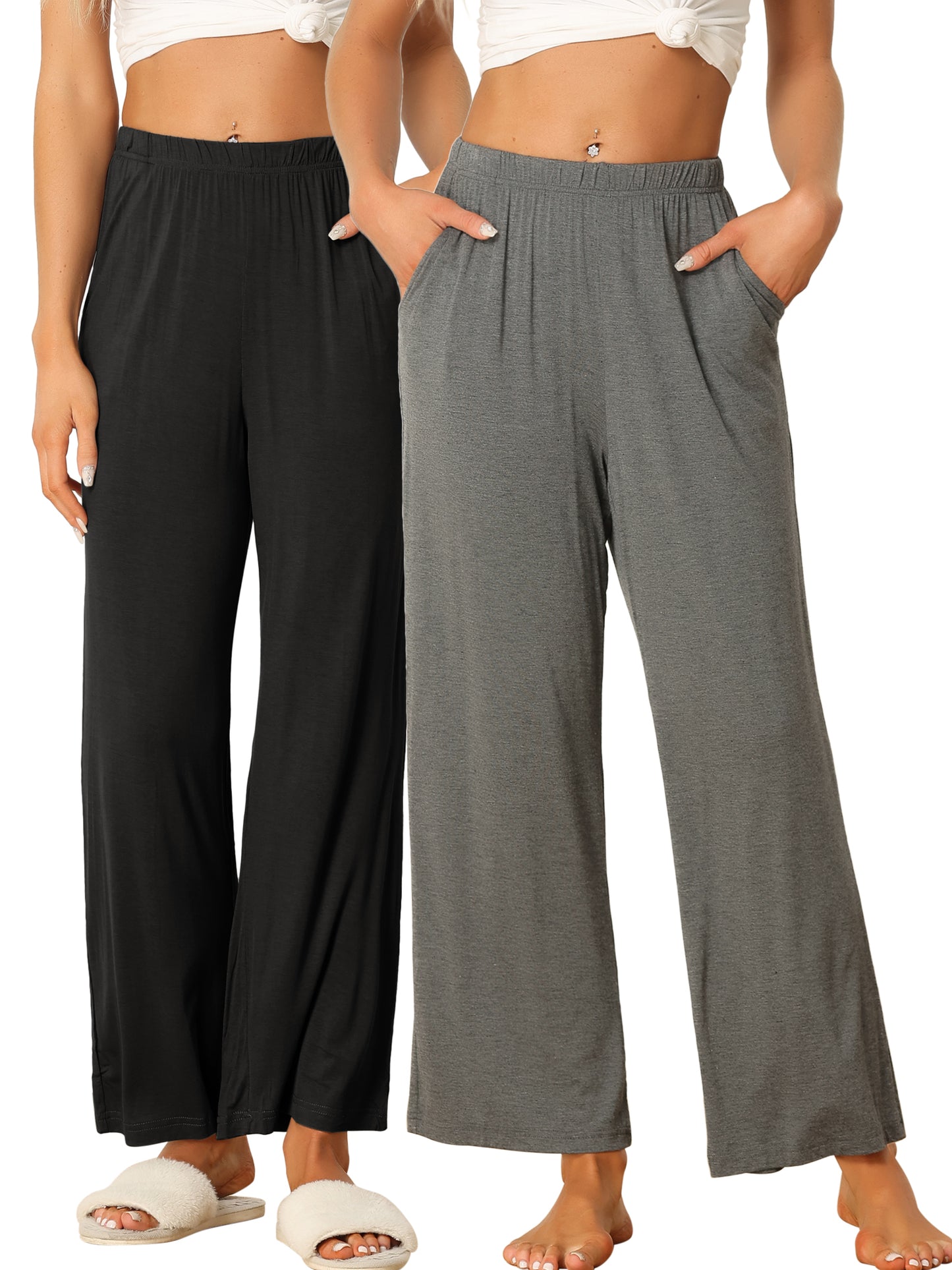 Women's Cotton Sleep Pants Elastic Waist Wide-Leg Straight Pants Sleepwear with Pockets