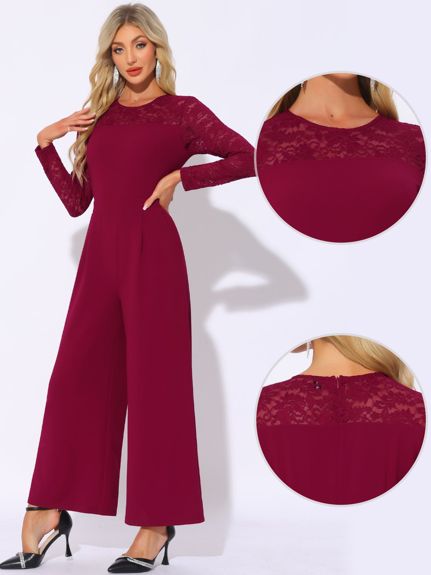 Mono de fiesta para mujer, elegante, con cuello redondo, malla, mangas de encaje, holgado, pierna ancha