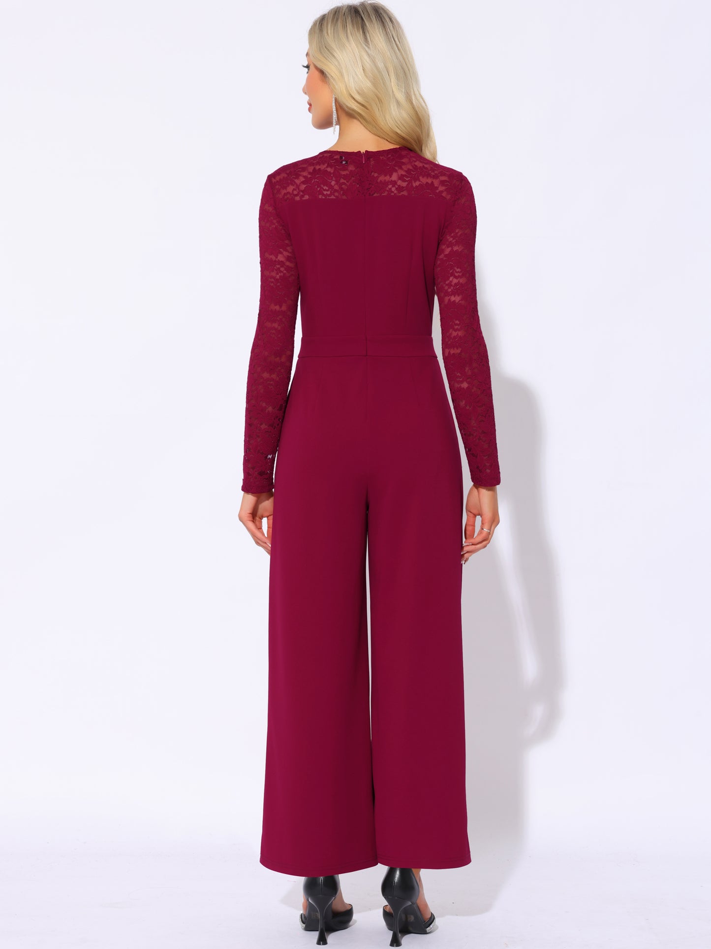 Mono de fiesta para mujer, elegante, con cuello redondo, malla, mangas de encaje, holgado, pierna ancha