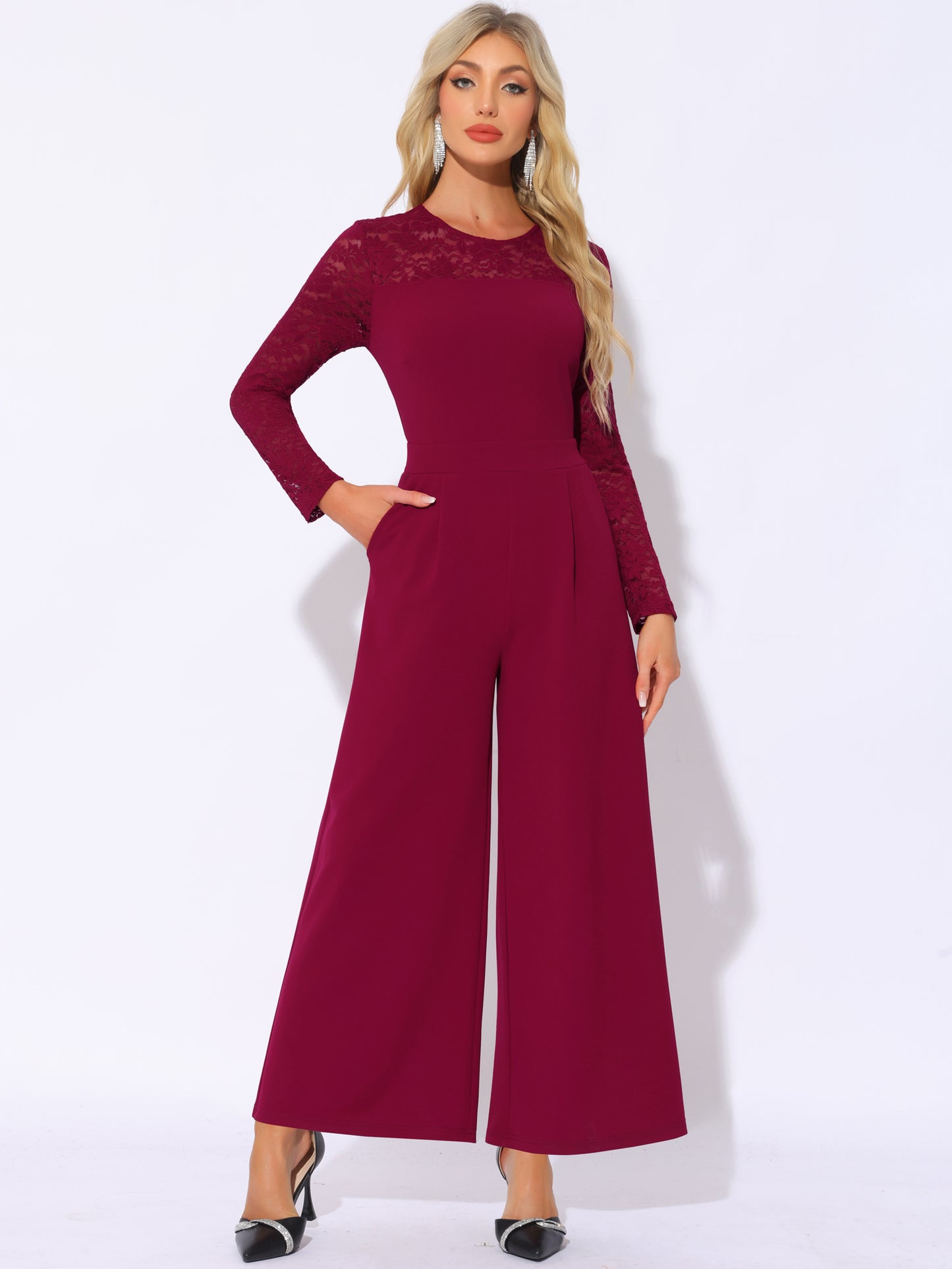 Mono de fiesta para mujer, elegante, con cuello redondo, malla, mangas de encaje, holgado, pierna ancha