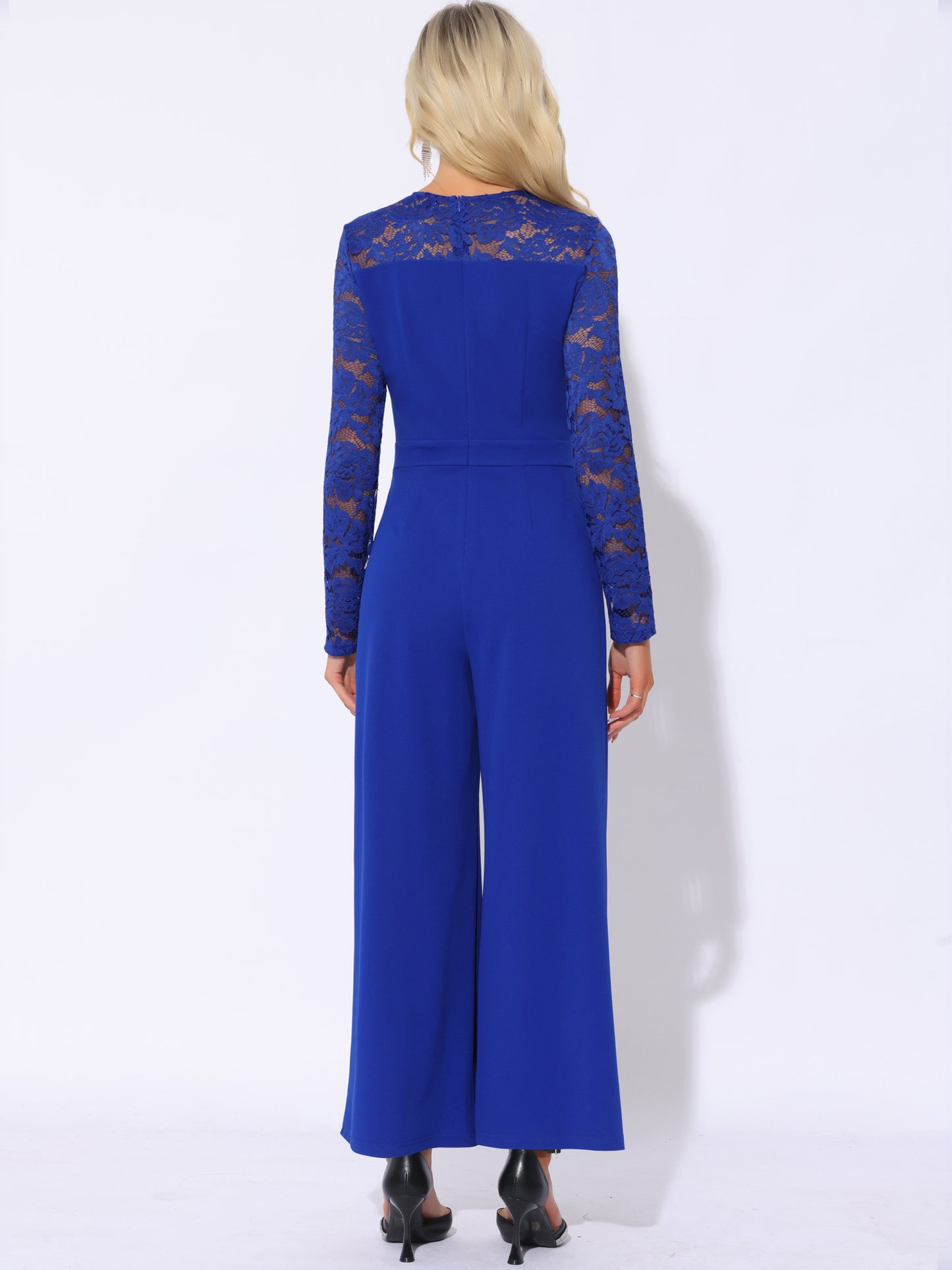 Women's Party Jumpsuits Elegant Crew Neck Mesh Lace Sleeve Loose Wide Leg Romper