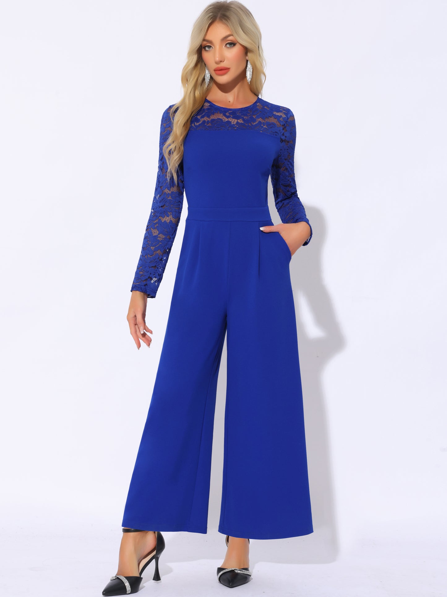 Women's Party Jumpsuits Elegant Crew Neck Mesh Lace Sleeve Loose Wide Leg Romper