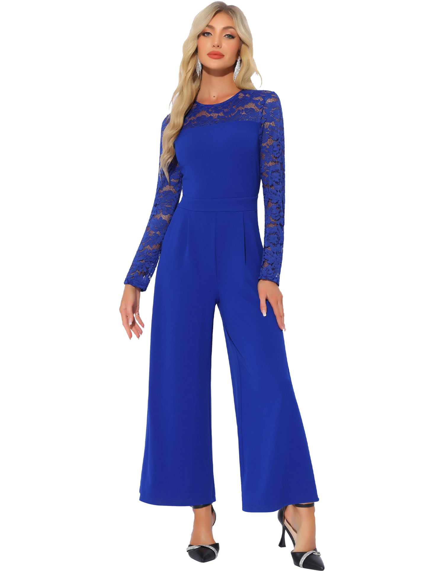 Women's Party Jumpsuits Elegant Crew Neck Mesh Lace Sleeve Loose Wide Leg Romper