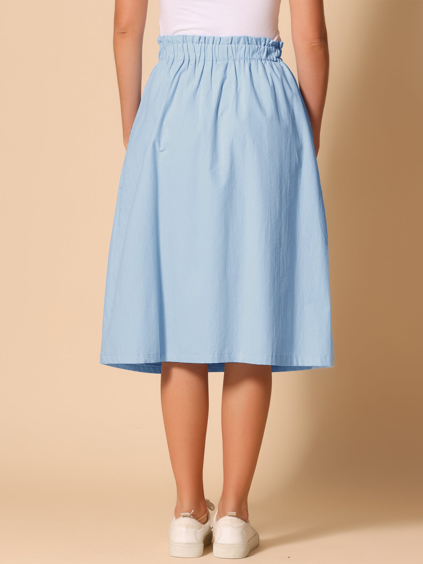 Women's Casual Cotton Skirt Elastic Waist Scrub Peasant A-Line Midi Skirts with Pockets