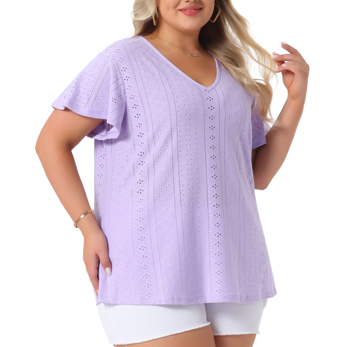 Women's Plus Size Summer Tee V Neck Hollow Flare Short Sleeve Casual Top Tunic
