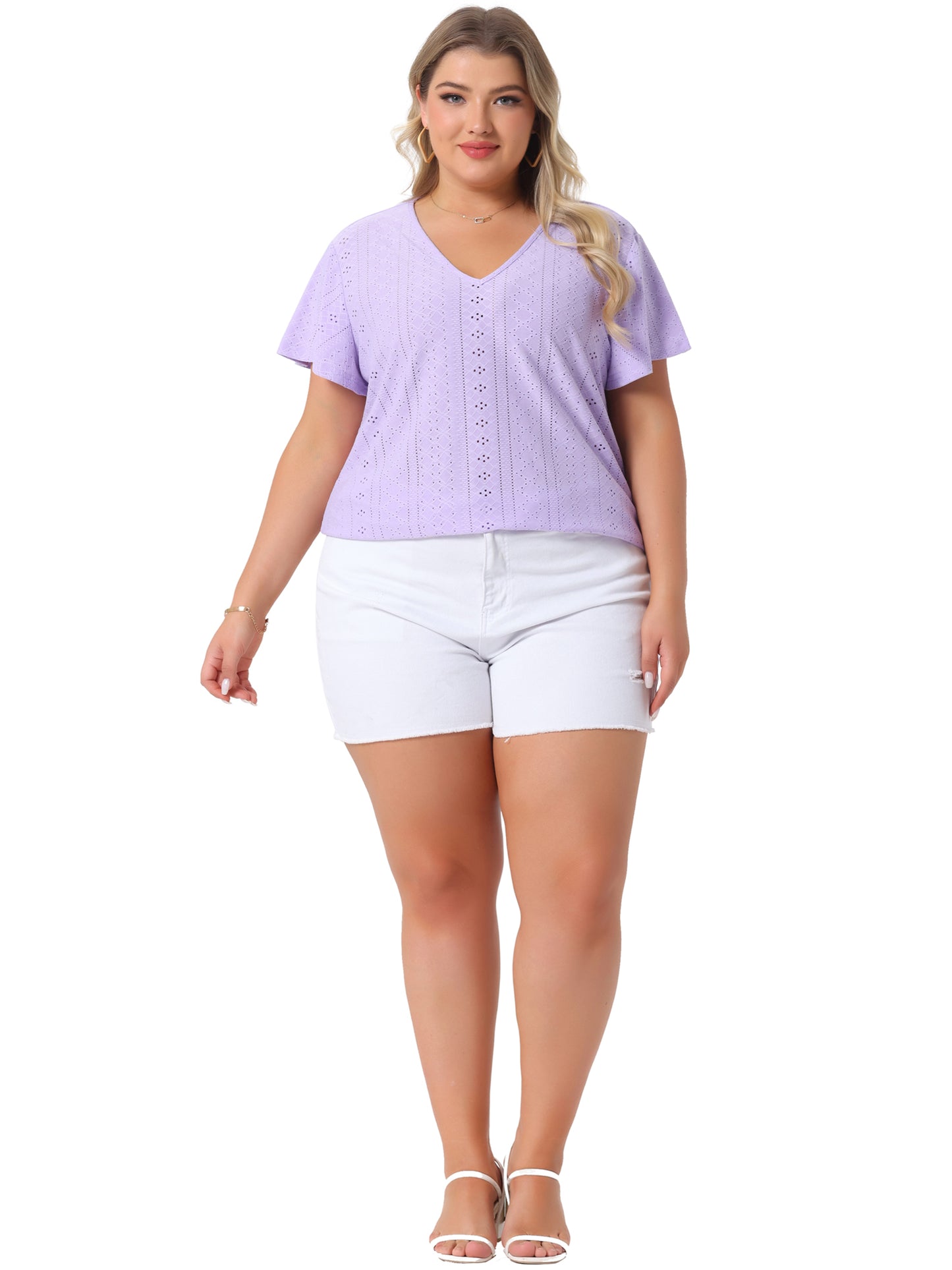 Women's Plus Size Summer Tee V Neck Hollow Flare Short Sleeve Casual Top Tunic