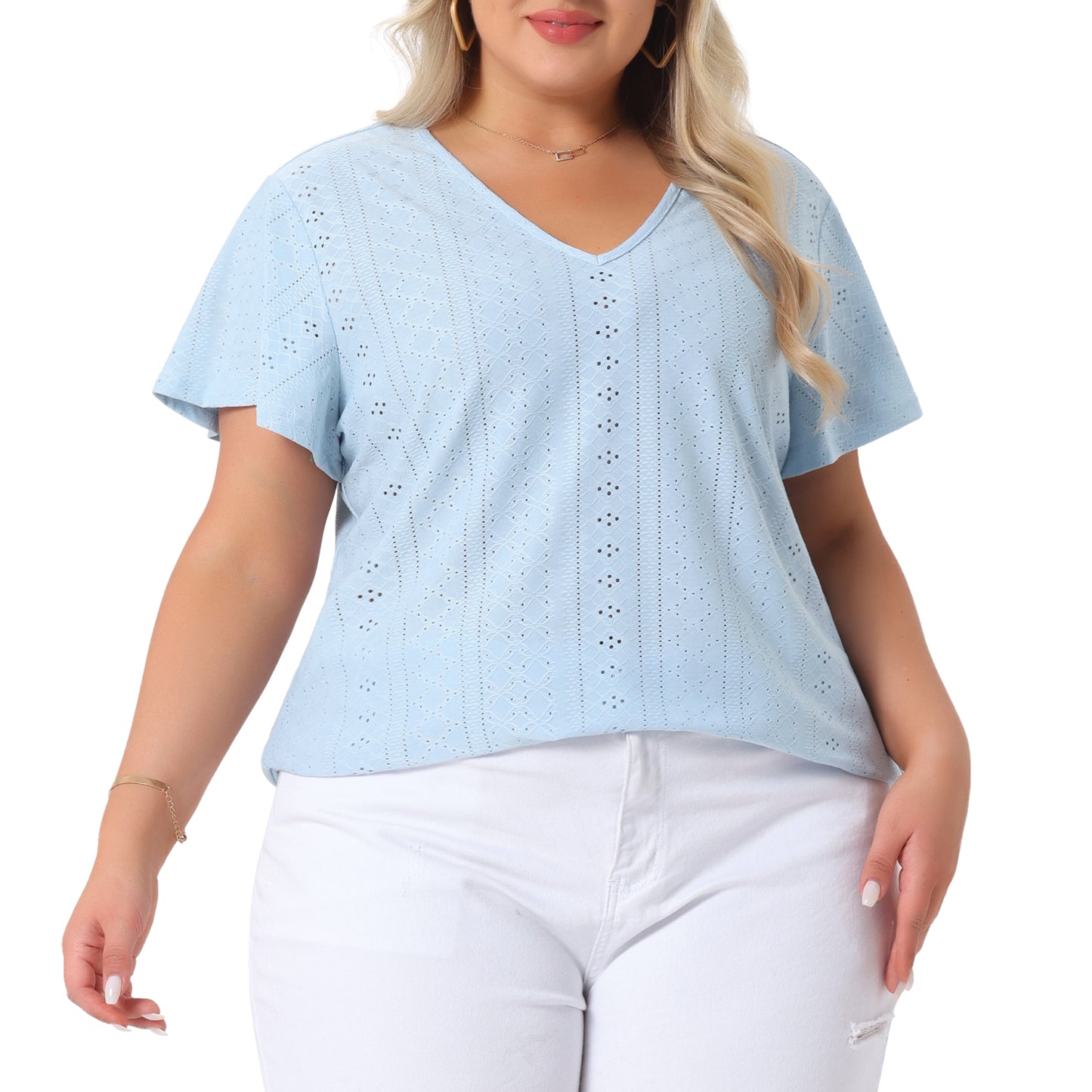 Women's Plus Size Summer Tee V Neck Hollow Flare Short Sleeve Casual Top Tunic