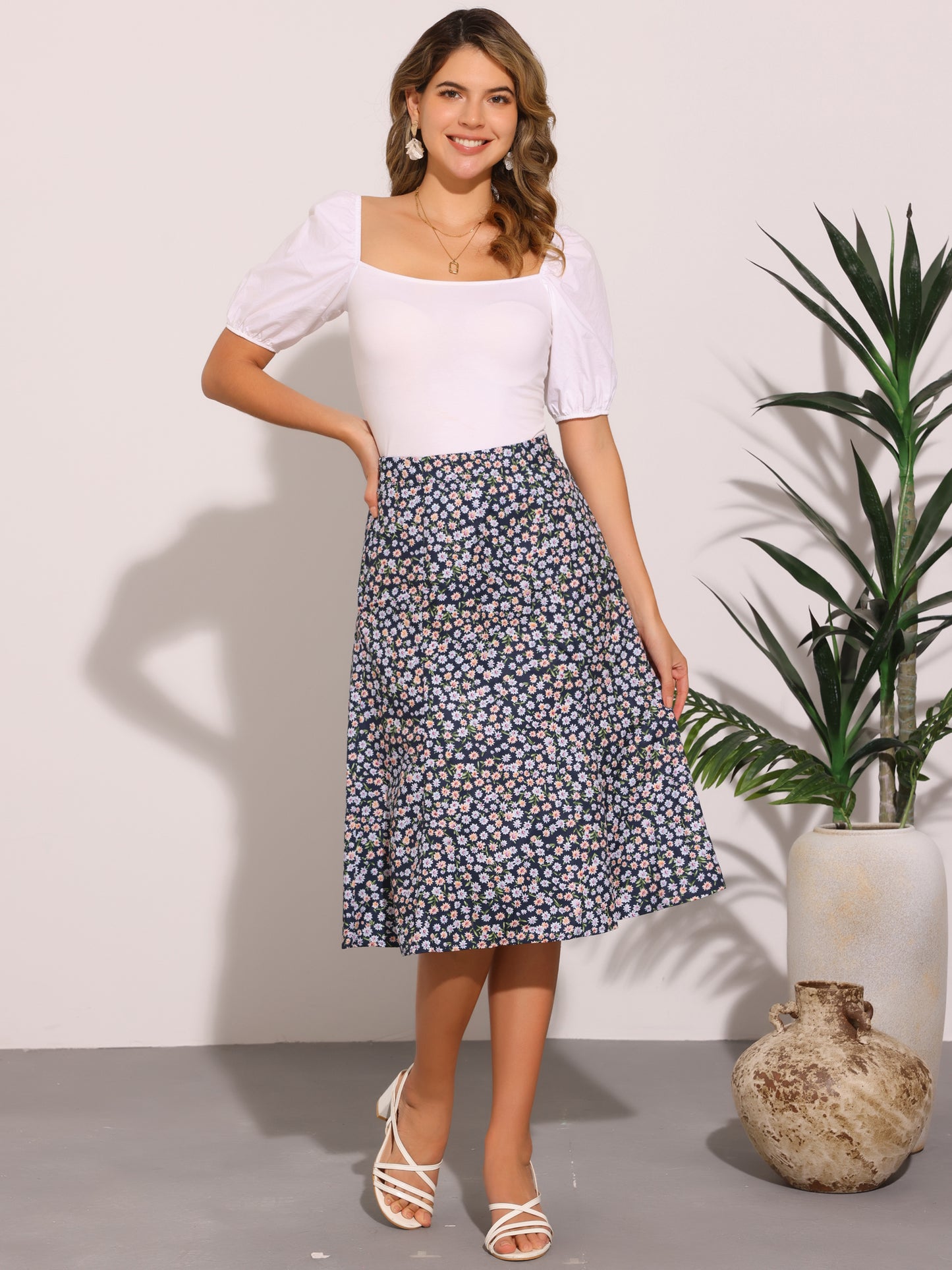 Falda midi floral para mujer, cintura elástica, corte A, estampado de florecitas