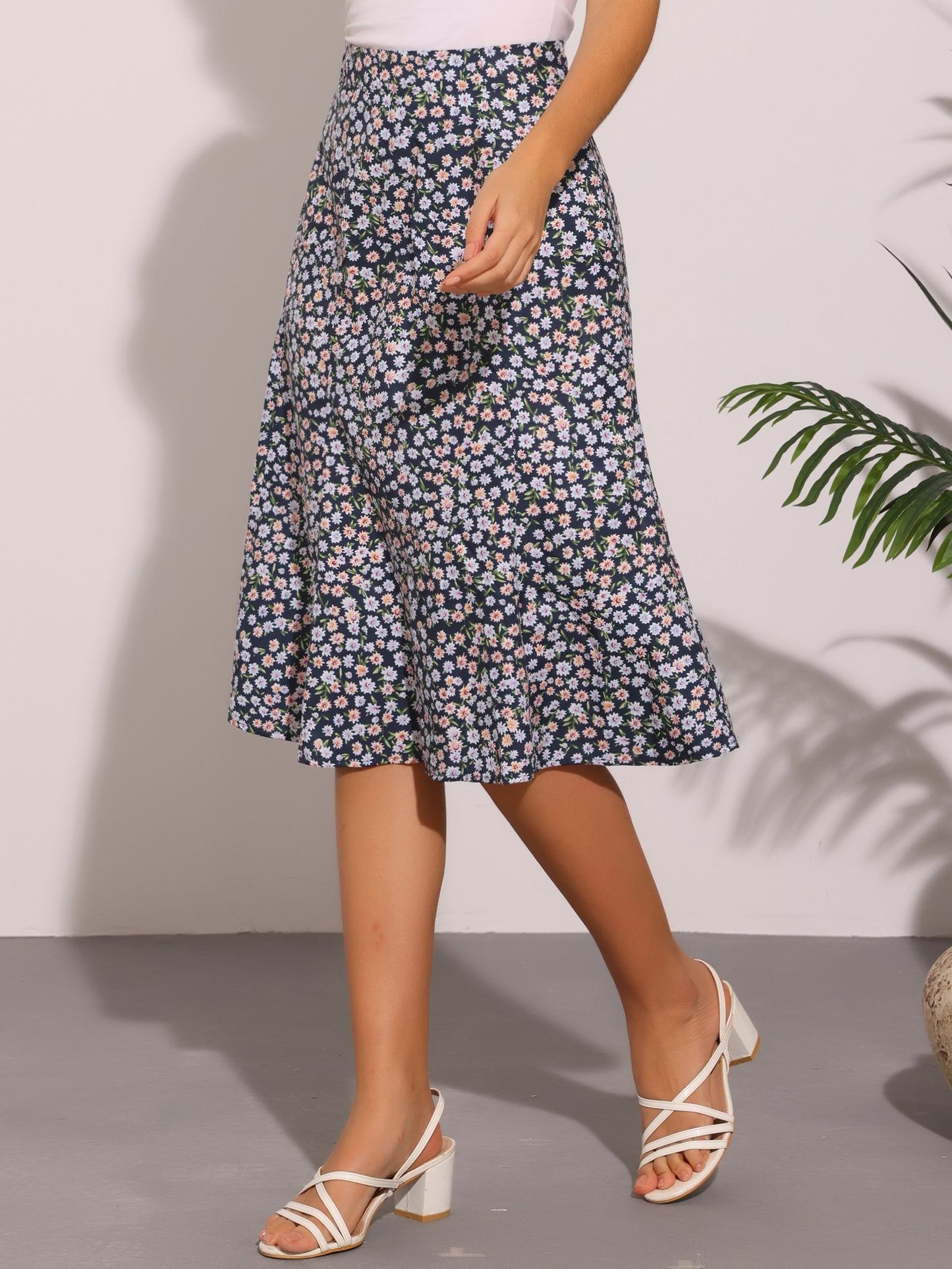 Falda midi floral para mujer, cintura elástica, corte A, estampado de florecitas