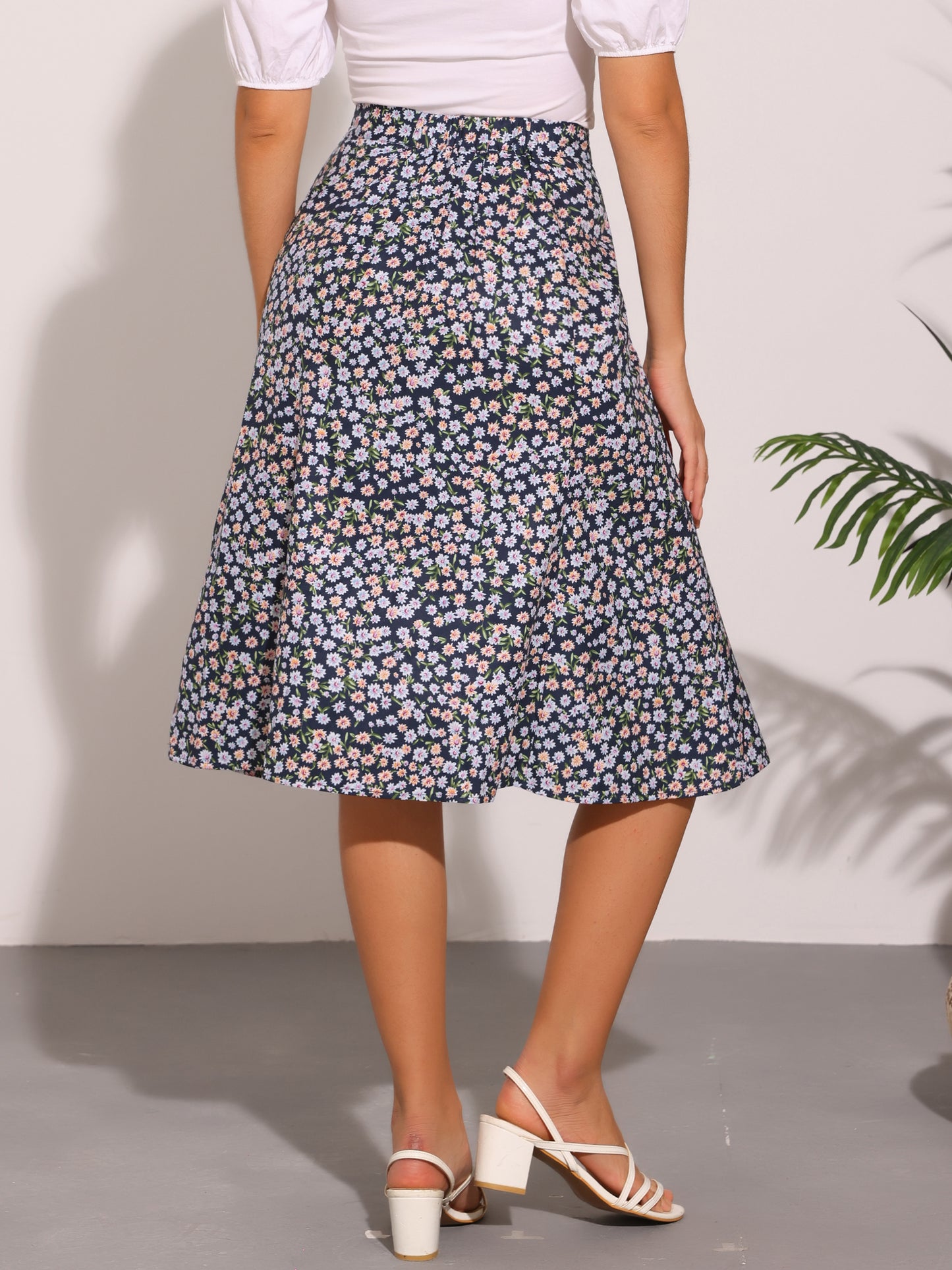 Falda midi floral para mujer, cintura elástica, corte A, estampado de florecitas