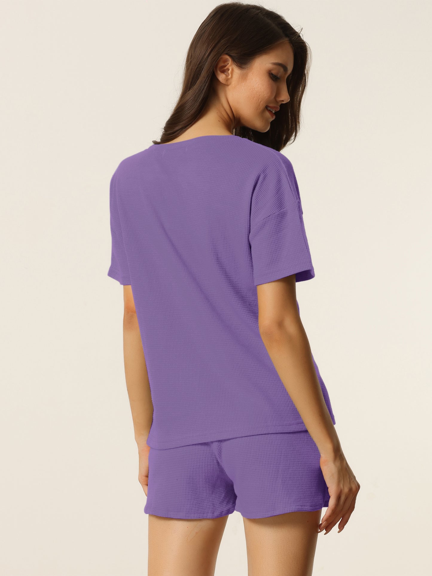 Conjunto de ropa de estar para mujer con bolsillos, conjunto de camiseta y pantalones cortos tipo gofre, chándal de estar por casa