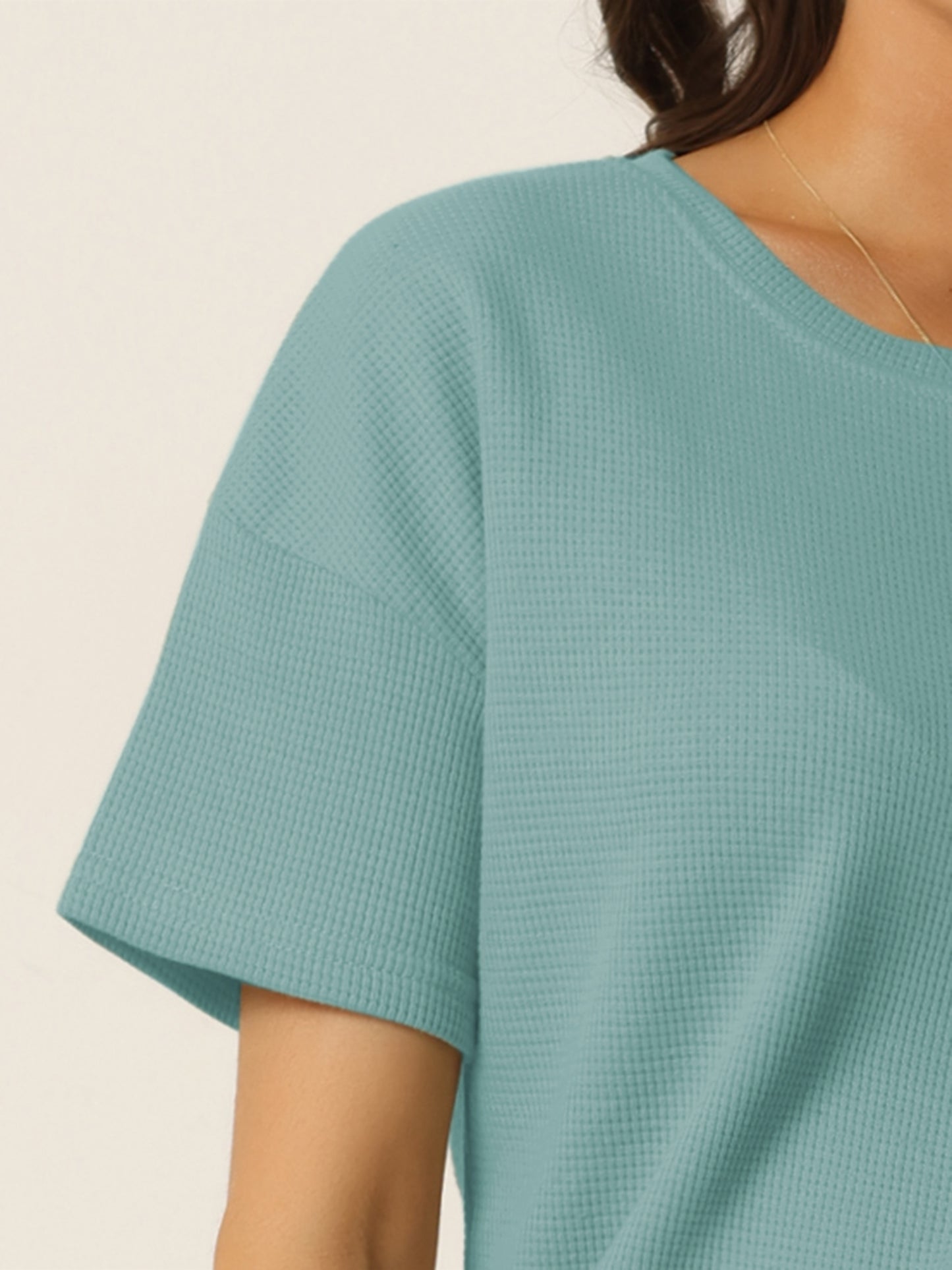 Conjunto de ropa de estar para mujer con bolsillos, conjunto de camiseta y pantalones cortos tipo gofre, chándal de estar por casa