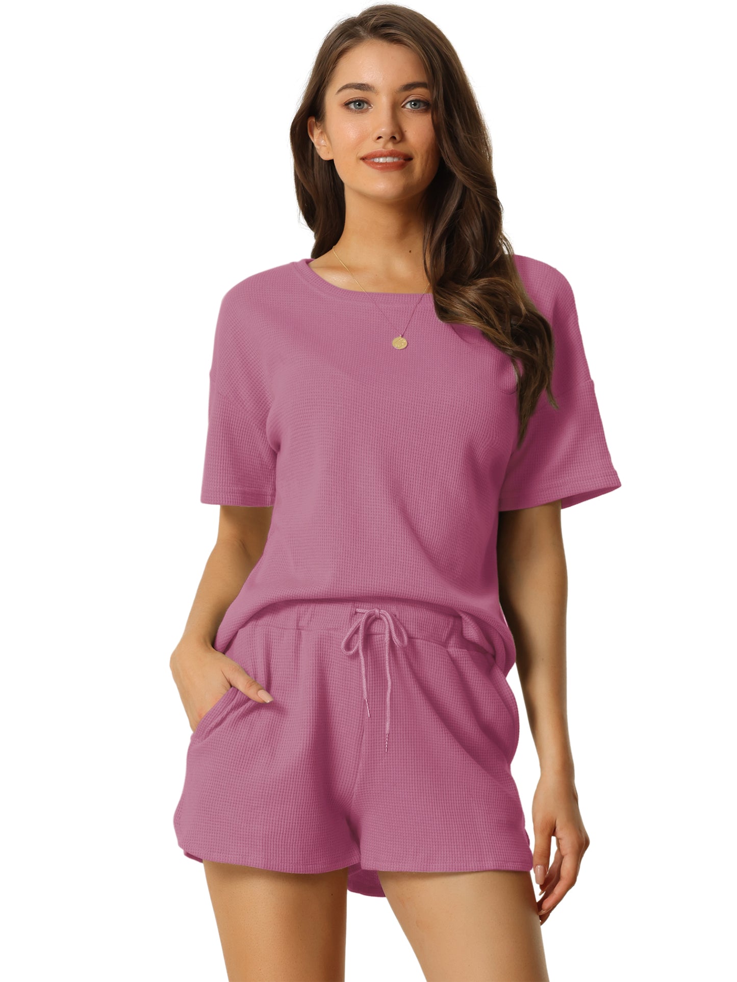 Women's Lounge Set with Pockets Waffle Outfits T-shirt and Shorts Loungewear Sweatsuit