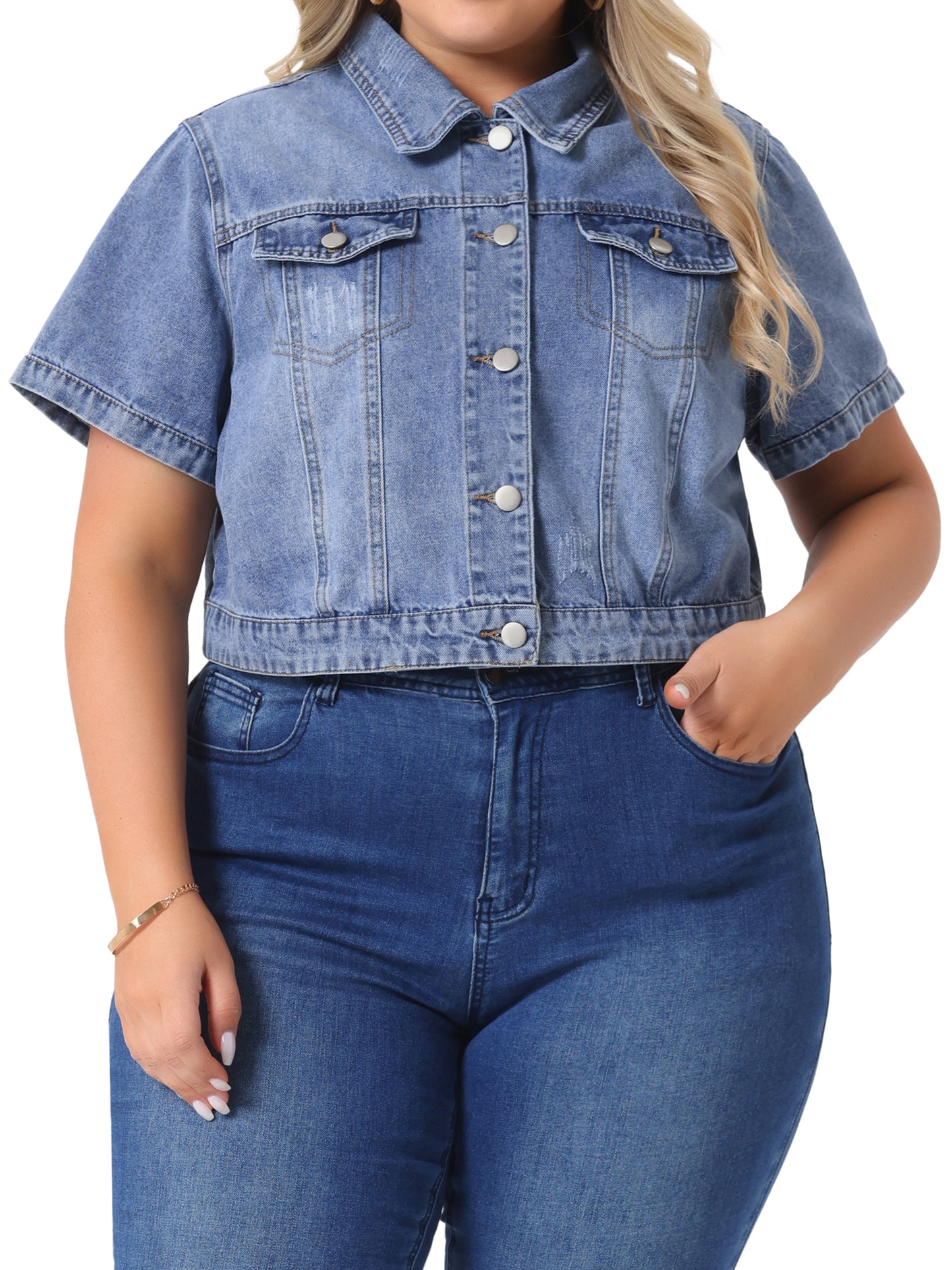 Women Plus Size Denim Jacket Short Sleeves Button Down Cropped Jean Jackets