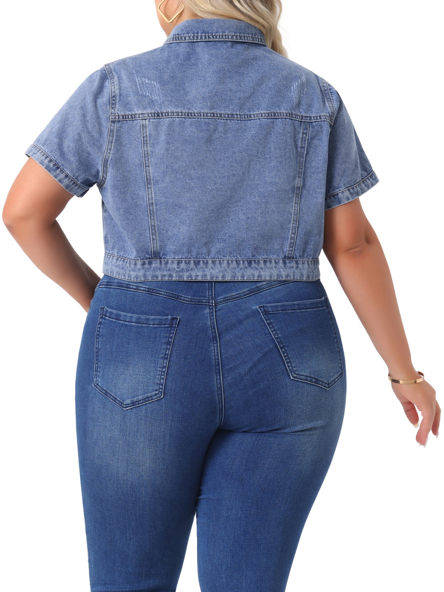 Women Plus Size Denim Jacket Short Sleeves Button Down Cropped Jean Jackets