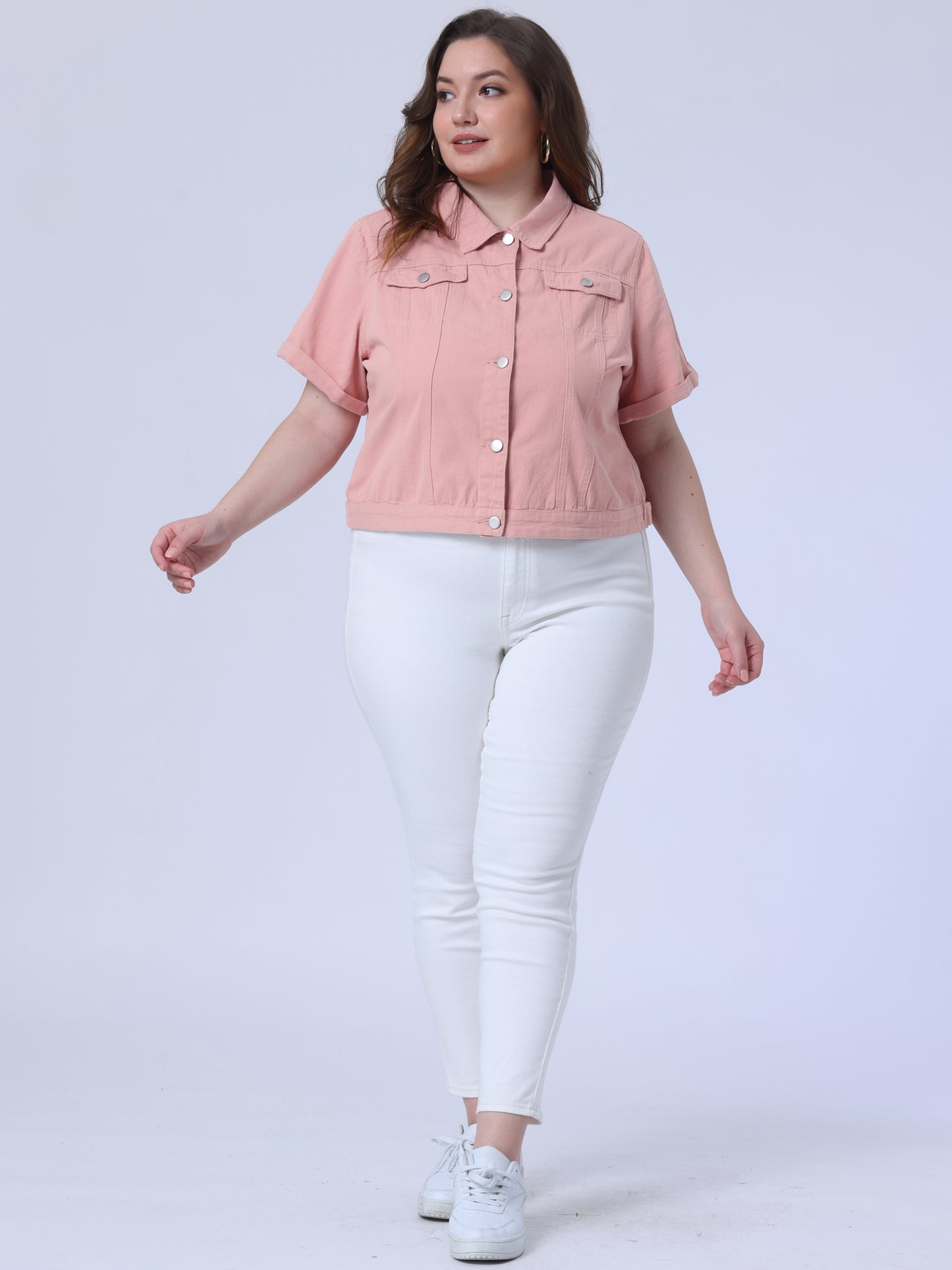 Women's Plus Size Denim Jacket Short Sleeve Lapel Button Front Work Western Outfit Jean Jackets