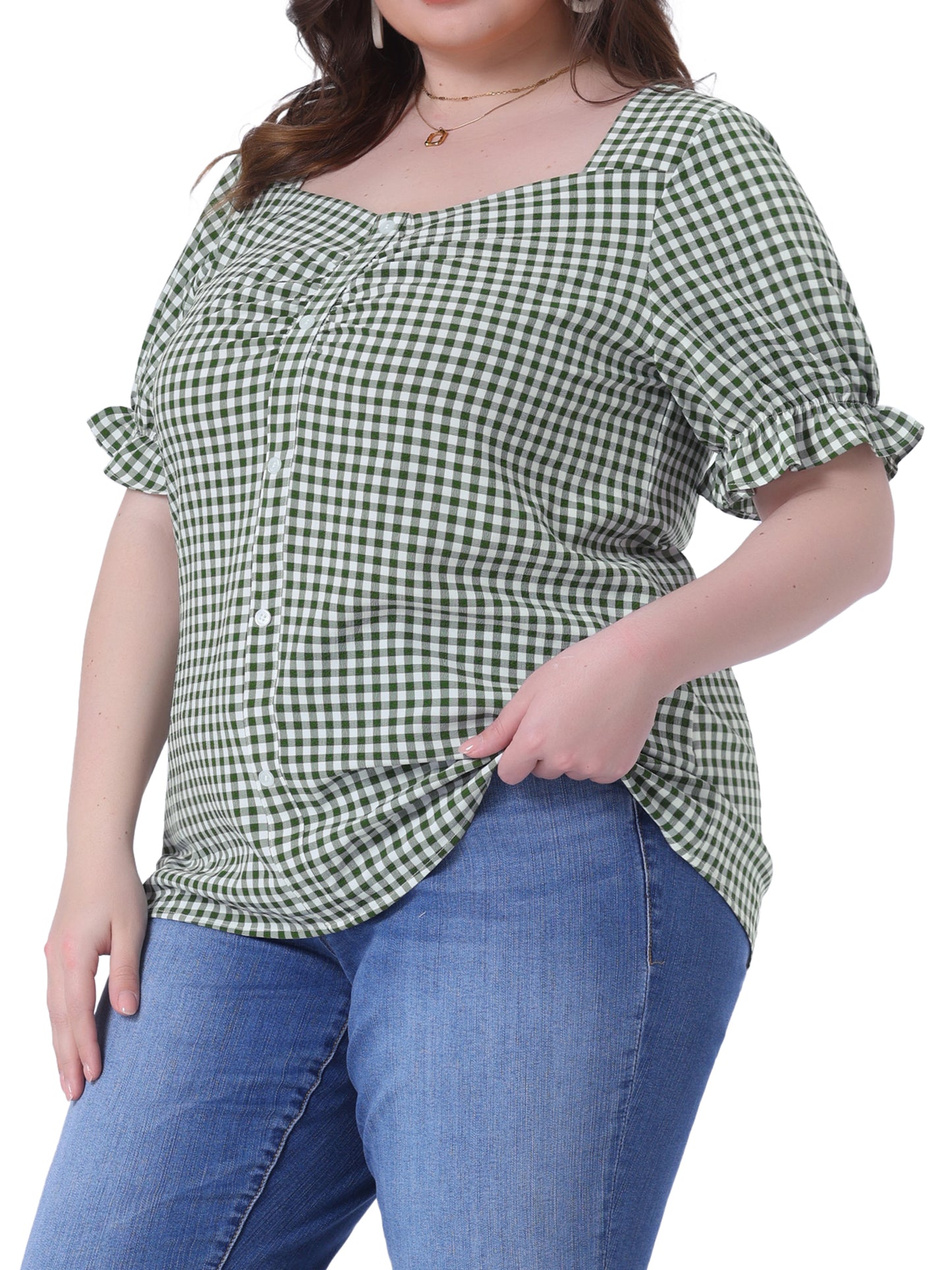 Women's Plus Size Gingham Tops Vintage Sweetheart V Neck Puff Short Sleeve Summer Blouse Top