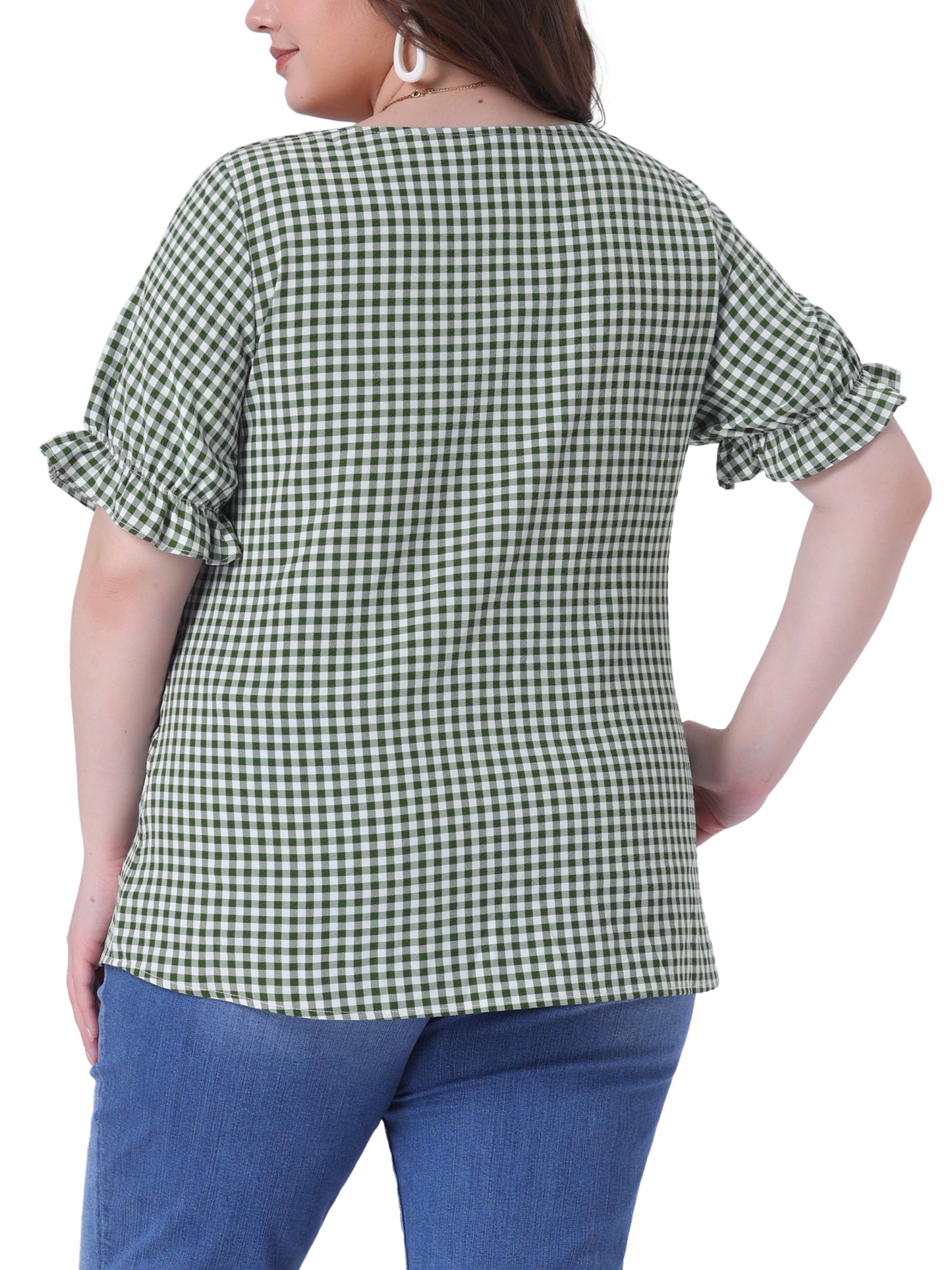 Women's Plus Size Gingham Tops Vintage Sweetheart V Neck Puff Short Sleeve Summer Blouse Top