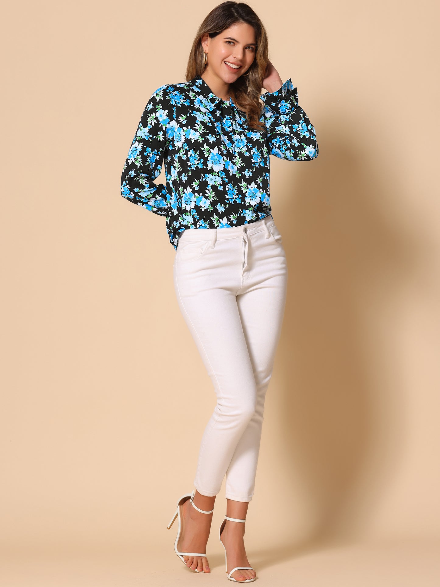 Blusa de gasa con volantes y cuello con lazo floral de manga larga para mujer