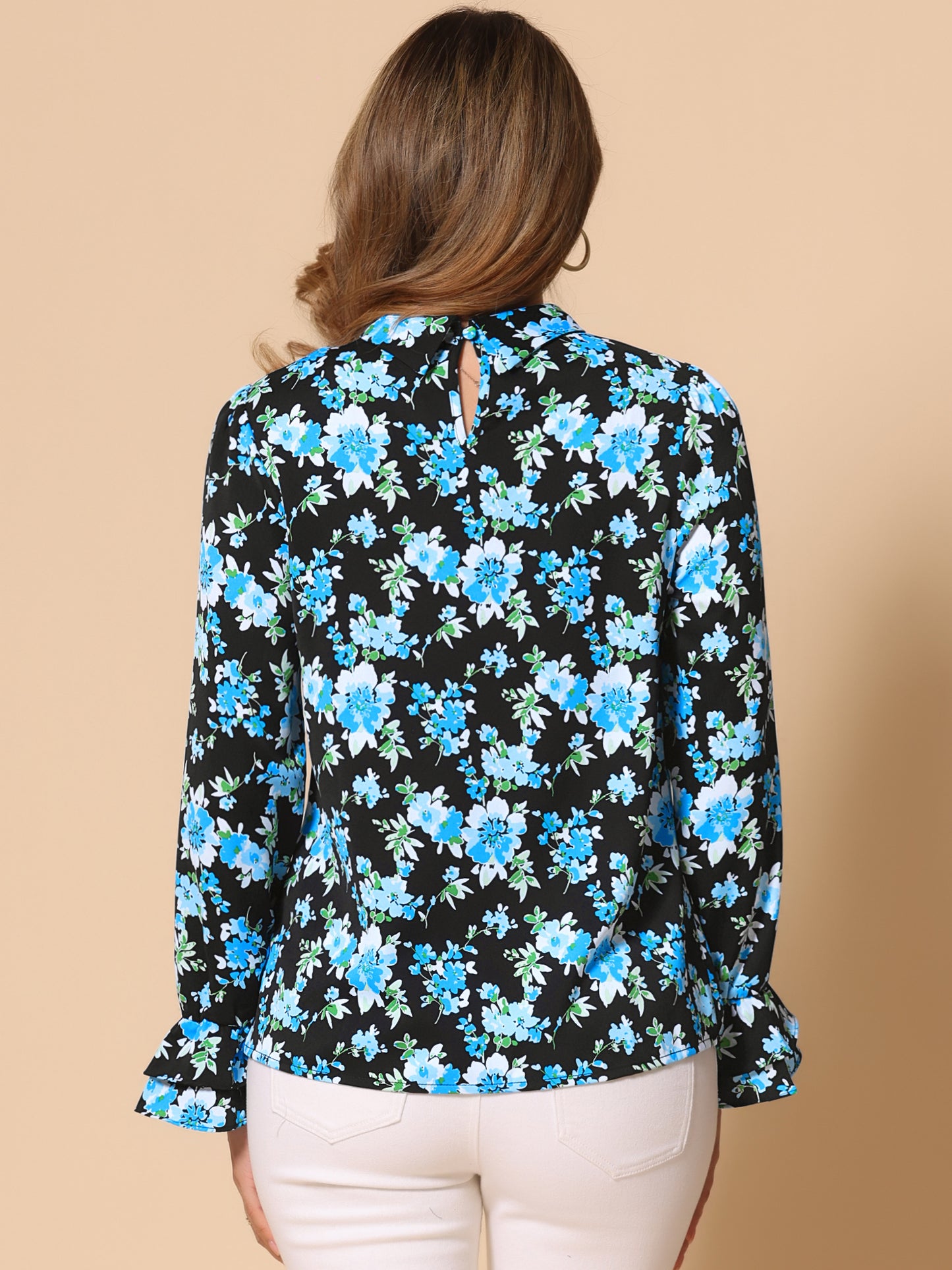 Blusa de gasa con volantes y cuello con lazo floral de manga larga para mujer