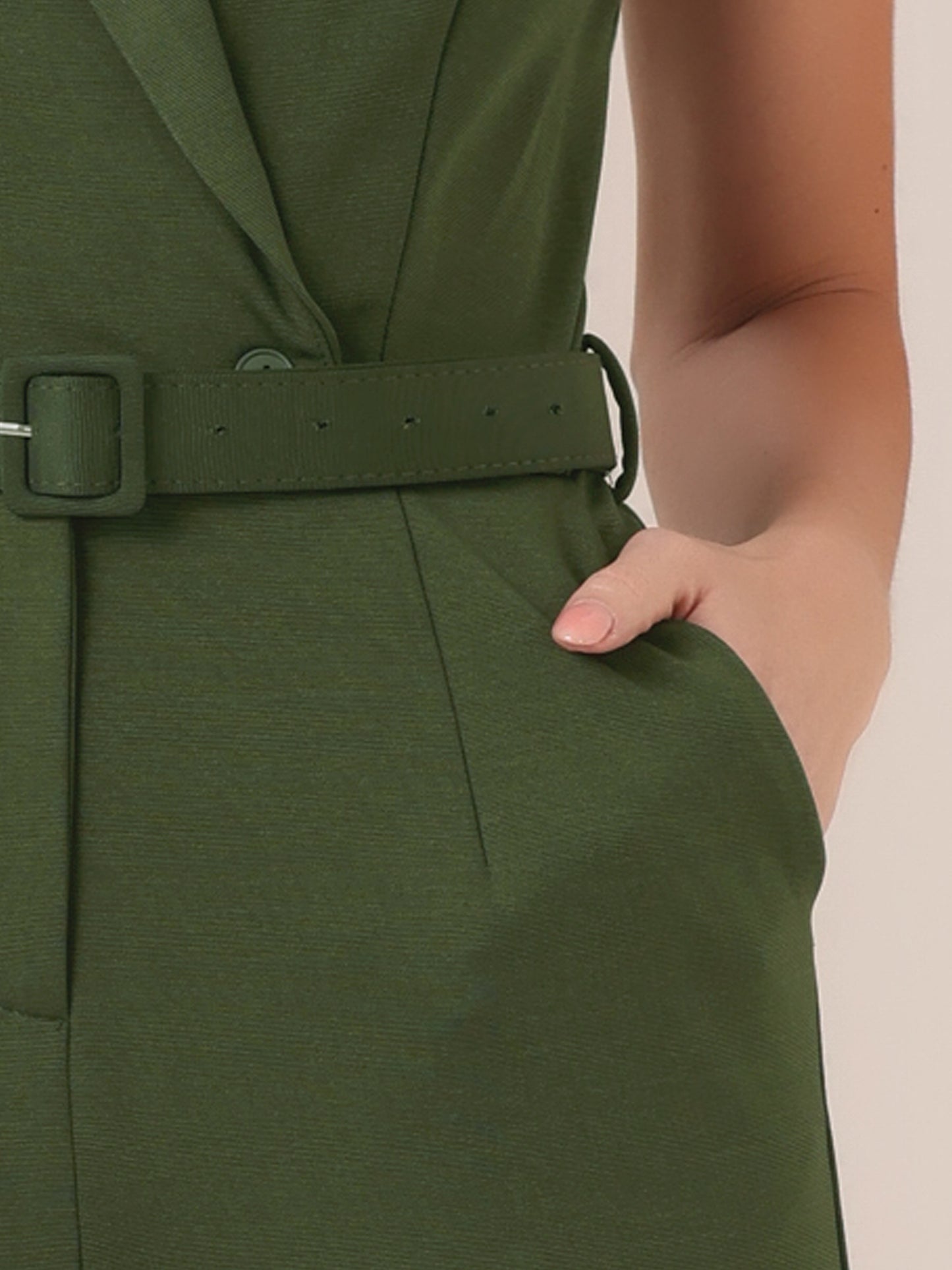 Womens' Sleeveless V Neck Button Front Jumpsuits Long Leg with Pocket Belted