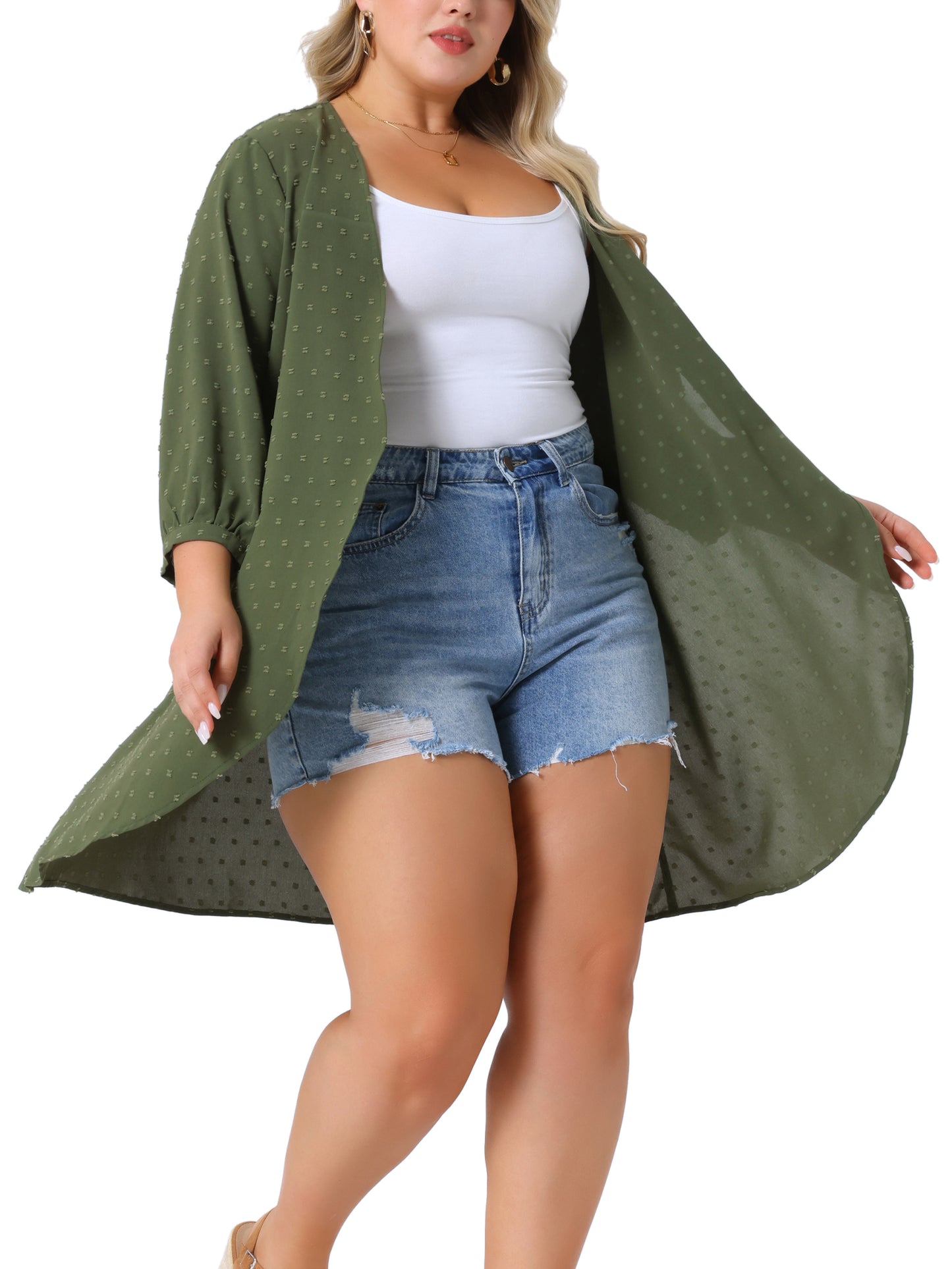 Women Plus Size Cardigan Open Front 3/4 Sleeve Swiss Dots Lightweight Casual Cover Up