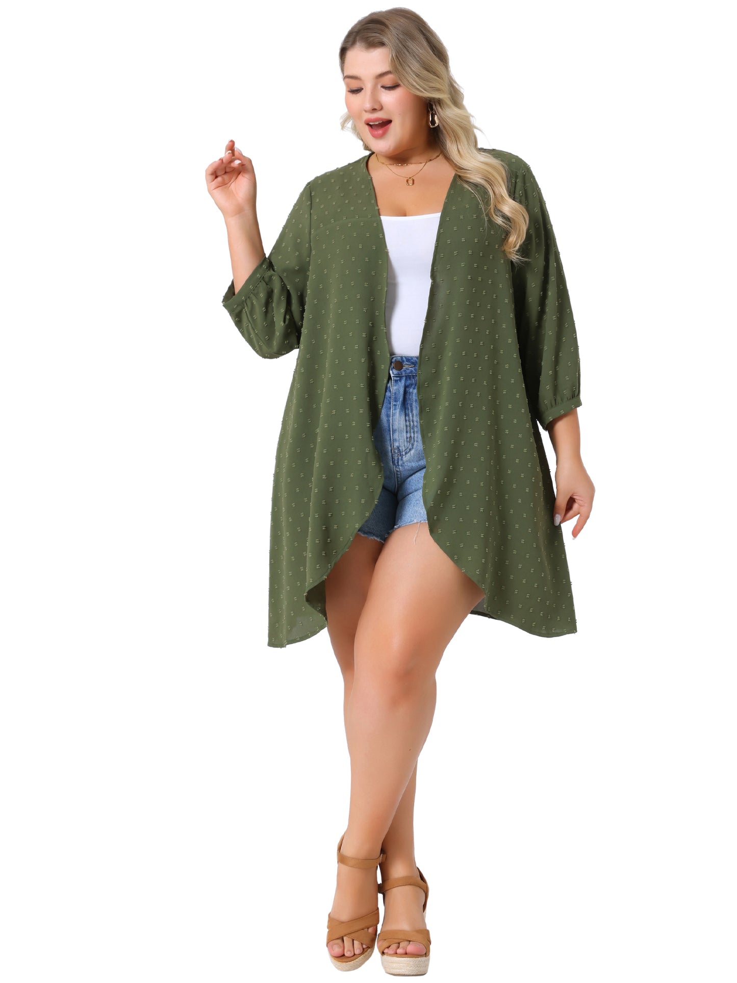Women Plus Size Cardigan Open Front 3/4 Sleeve Swiss Dots Lightweight Casual Cover Up