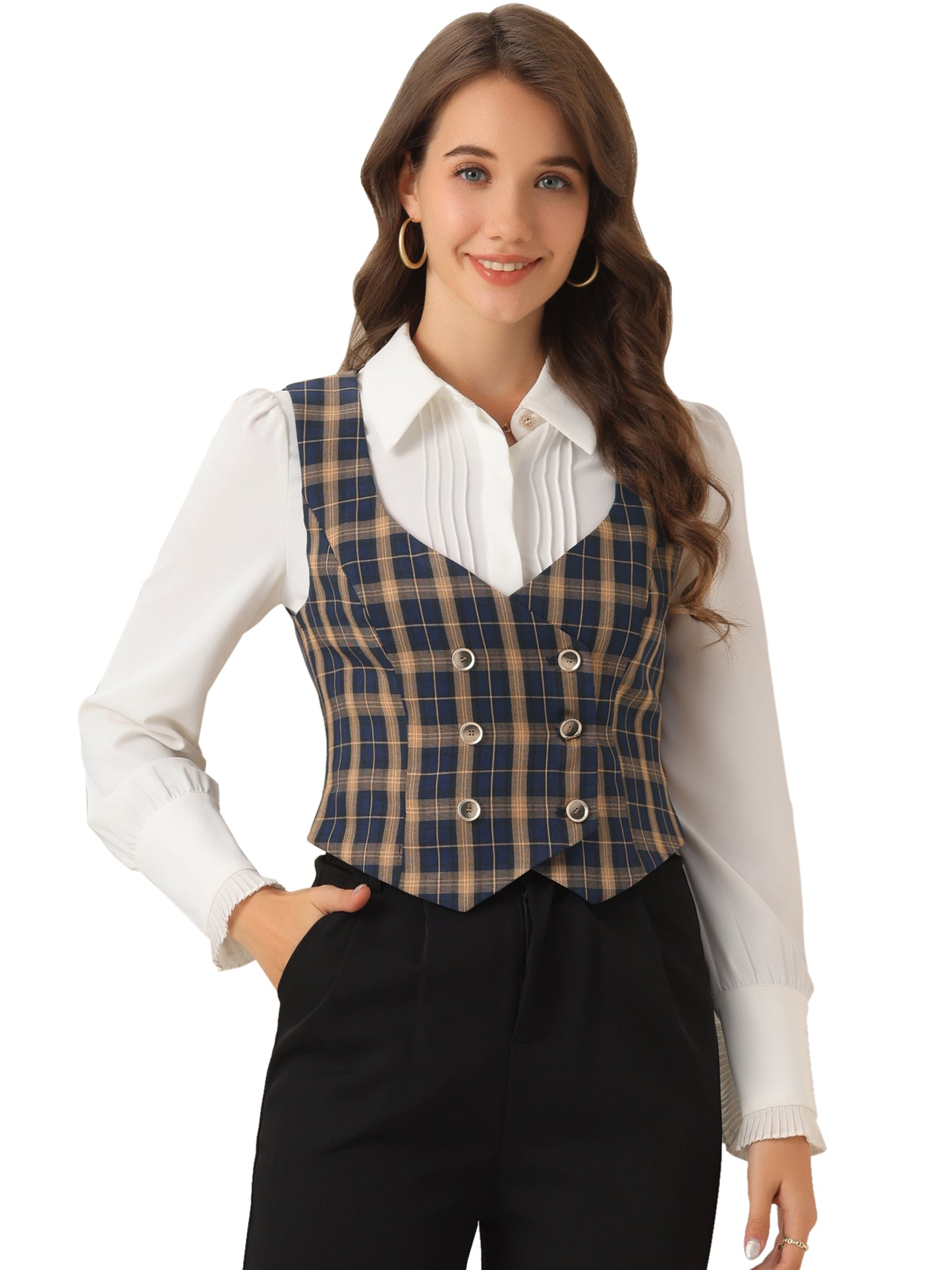 Women's Plaid Vest Vintage Retro Steampunk Double Breasted Suit Waistcoat
