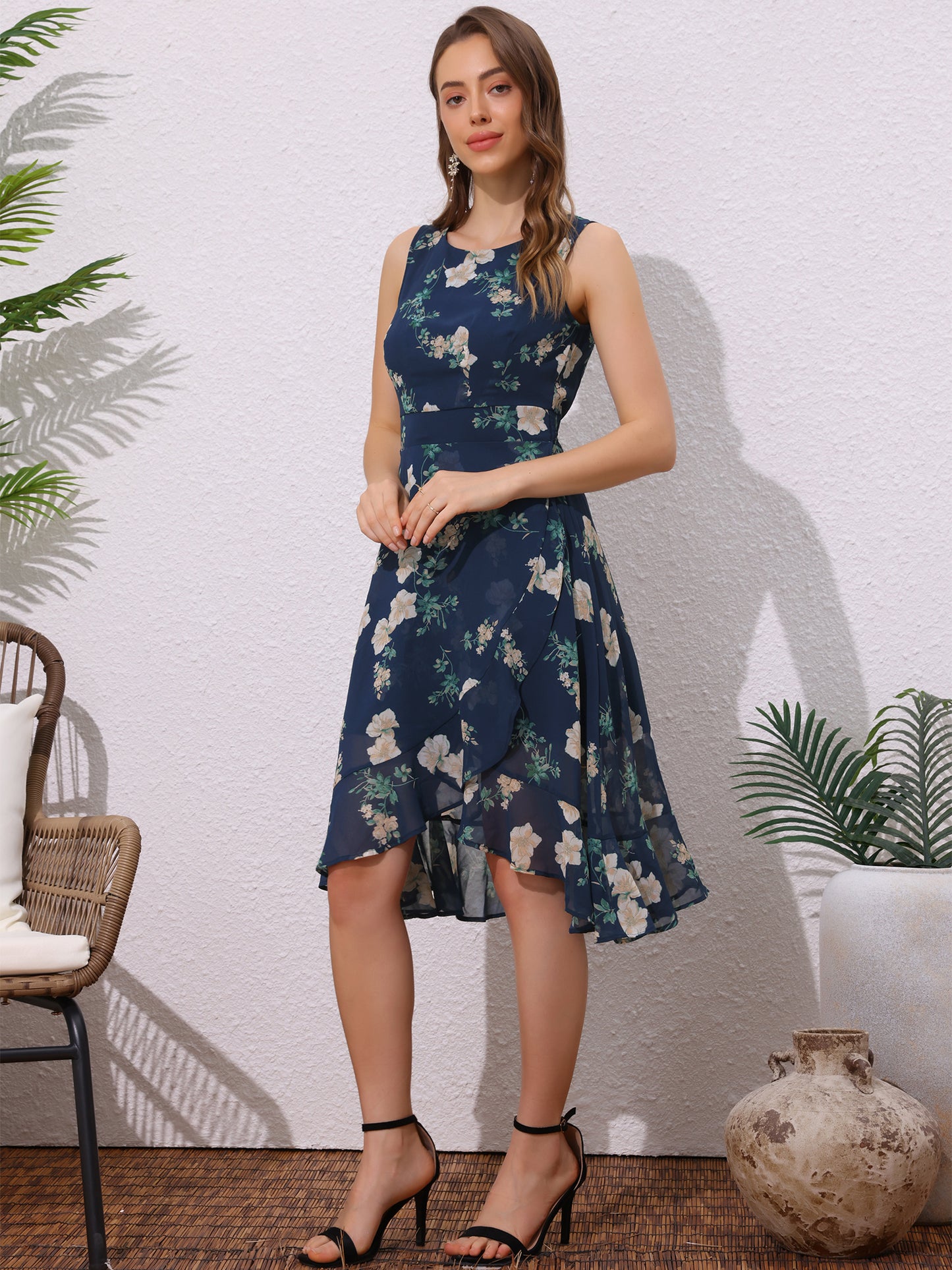 Women's Summer Dresses Wrap Ruffle High Low Hem Round Neck Keyhole Back Sleeveless Floral Dress