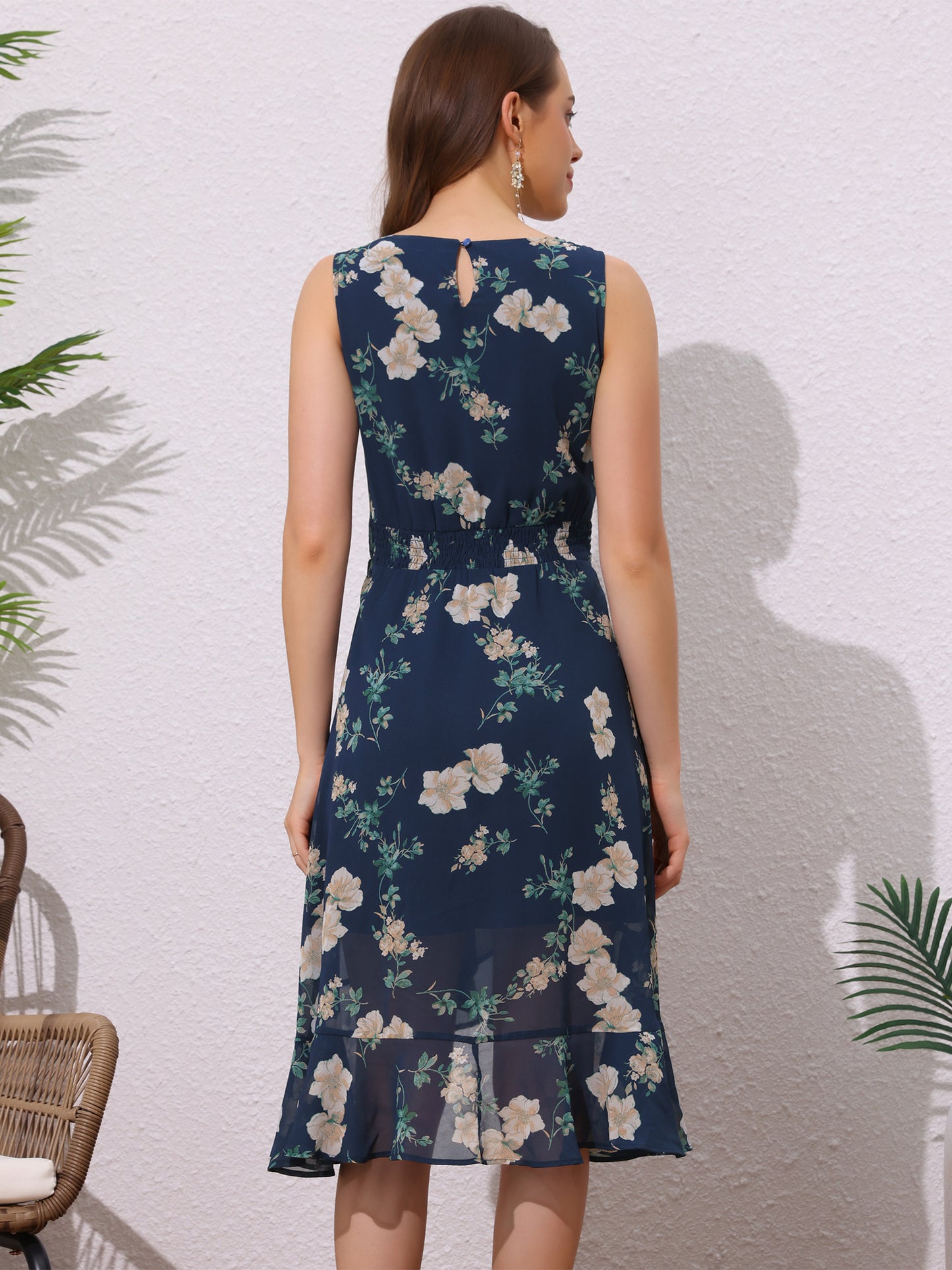 Women's Summer Dresses Wrap Ruffle High Low Hem Round Neck Keyhole Back Sleeveless Floral Dress