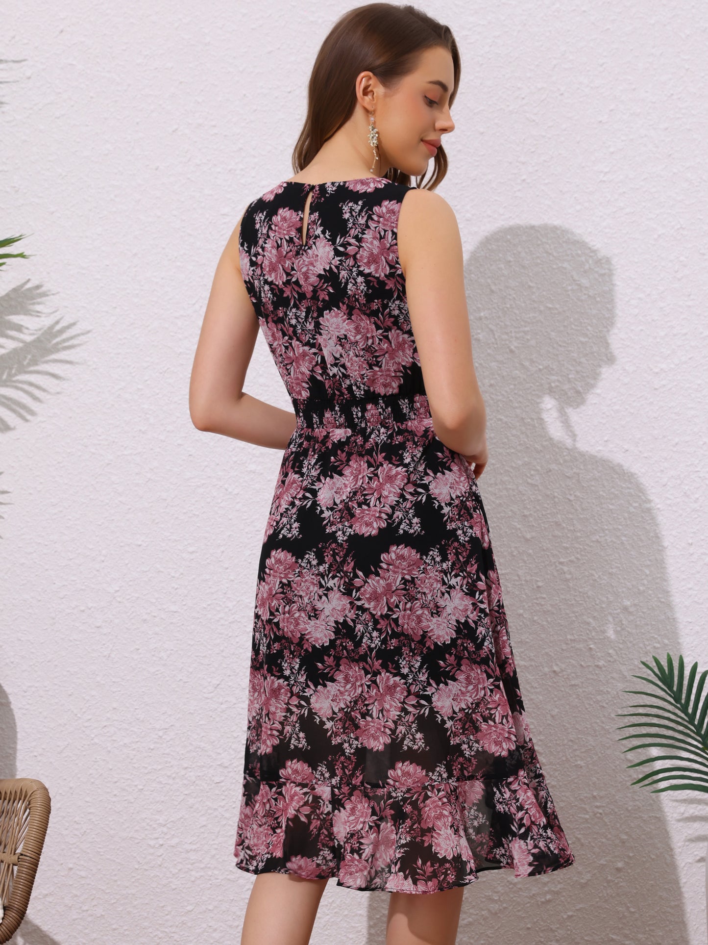 Women's Summer Dresses Wrap Ruffle High Low Hem Round Neck Keyhole Back Sleeveless Floral Dress
