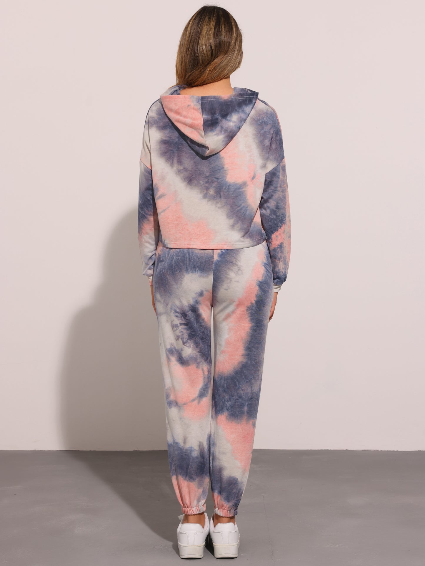 Women's 2 Piece Sweatsuits Tie Dye Pullover Hoodie Drawstring Jogging Tracksuit