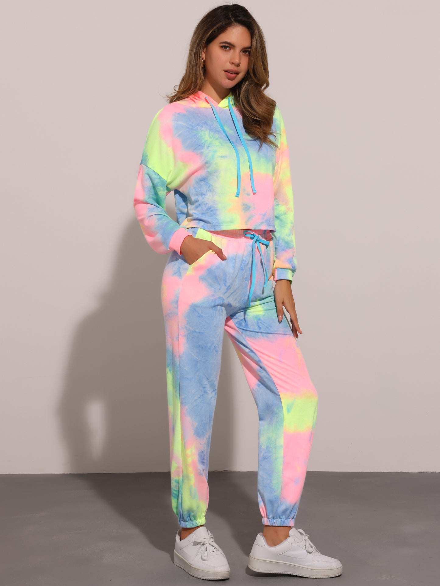 Women's 2 Piece Sweatsuits Tie Dye Pullover Hoodie Drawstring Jogging Tracksuit