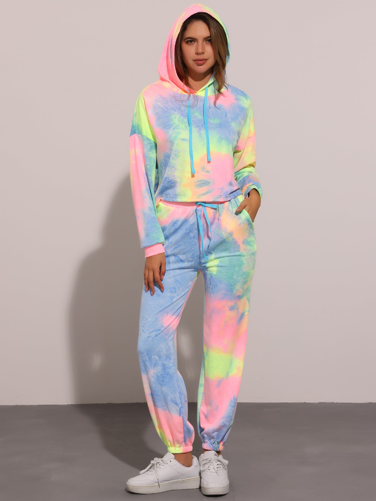 Women's 2 Piece Sweatsuits Tie Dye Pullover Hoodie Drawstring Jogging Tracksuit